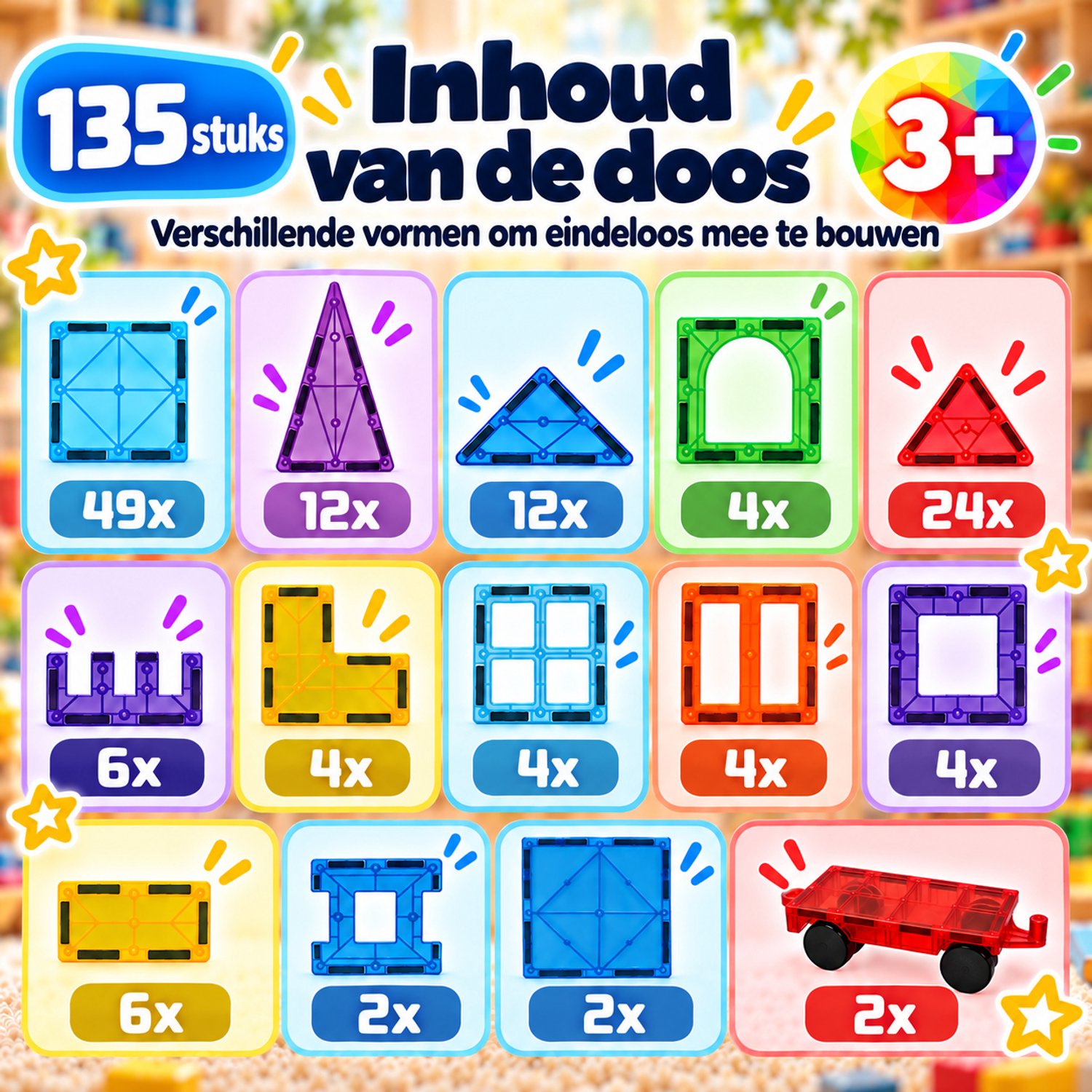 Magna Minds - Magnetic Tiles- Magnetisch Speelgoed – 135 stuks - Constructie speelgoed - Magnetische tegels - Montessori speelgoed - Magnetic toys - Magnetische bouwstenen - Speelgoed Kinderen — afbeelding 2