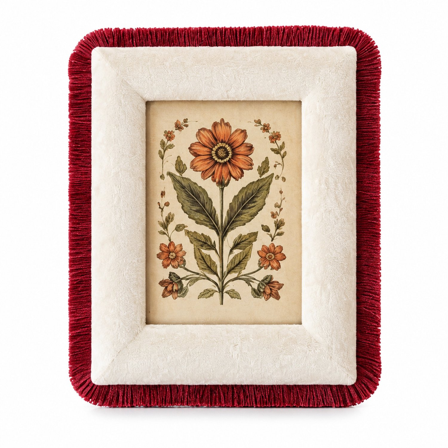 SWGOTA Fotolijst voor foto's van 13 x 18 cm, buitenmaat 23 x 28 cm, crème fluweel met bordeauxrode franjes, horizontaal of verticaal neer te zetten, met glas en decoratieve afbeelding