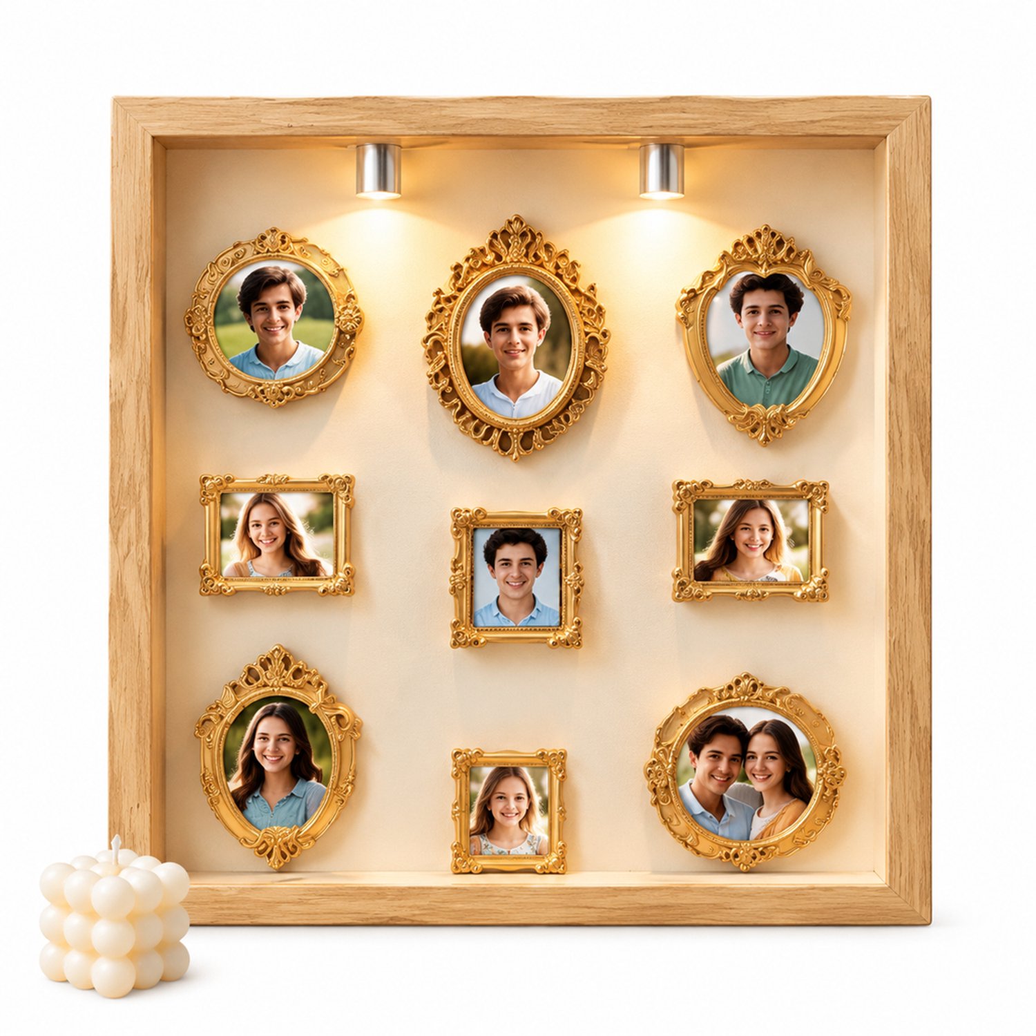 SWGOTA Witte MDF-displaylijst, binnenmaat 15 x 20 cm, tafelmodel met 8 miniatuurlijstjes, 8 willekeurige figuurtjes en 2 lampjes
