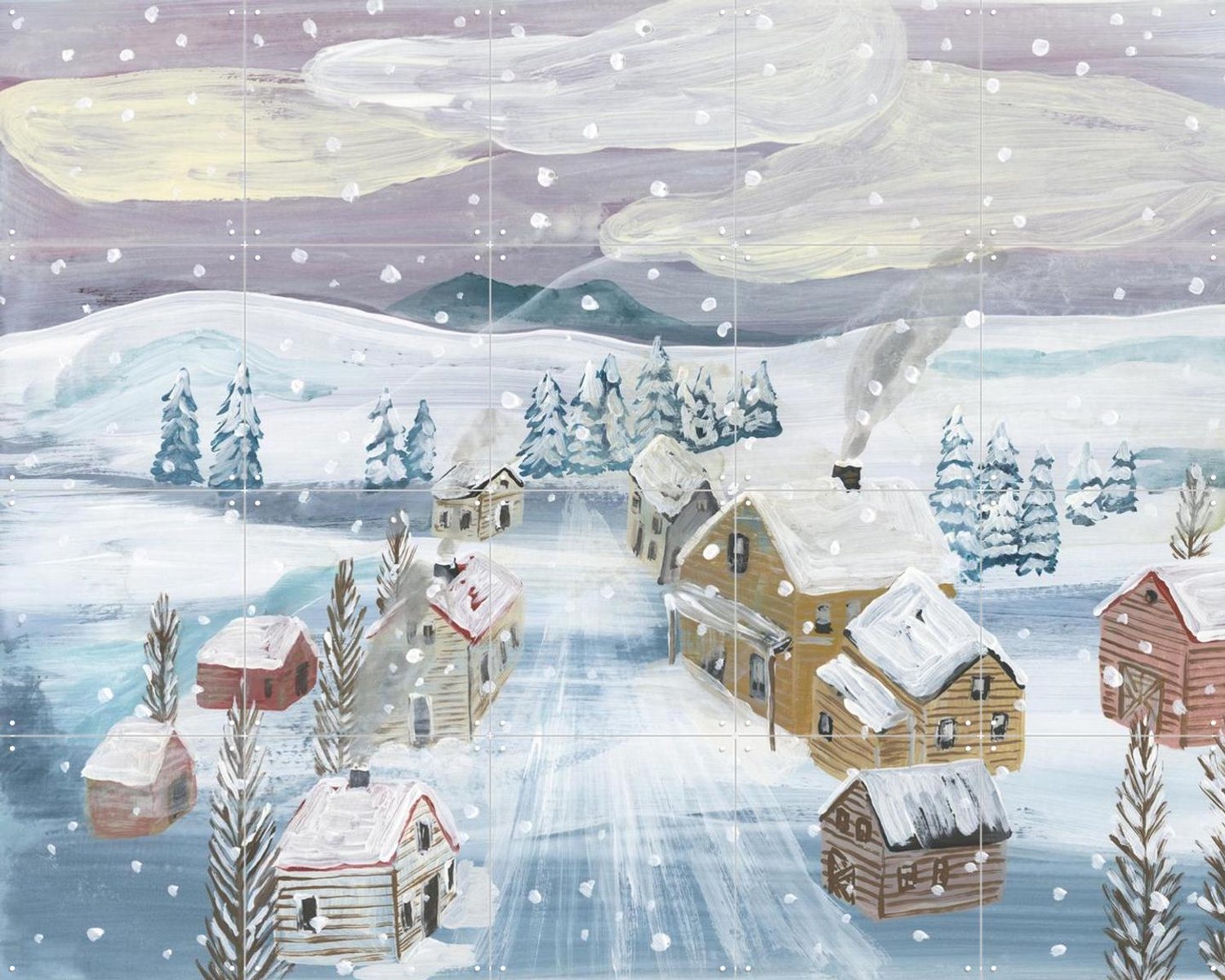 IXXI Village Under The Snow, Nathalie Lété - 100 x 80 cm - Grote wanddecoratie en posters - Schilderijen, Woonkamer, Gang, Kerst, Winter, Sneeuw Blauw / Wit