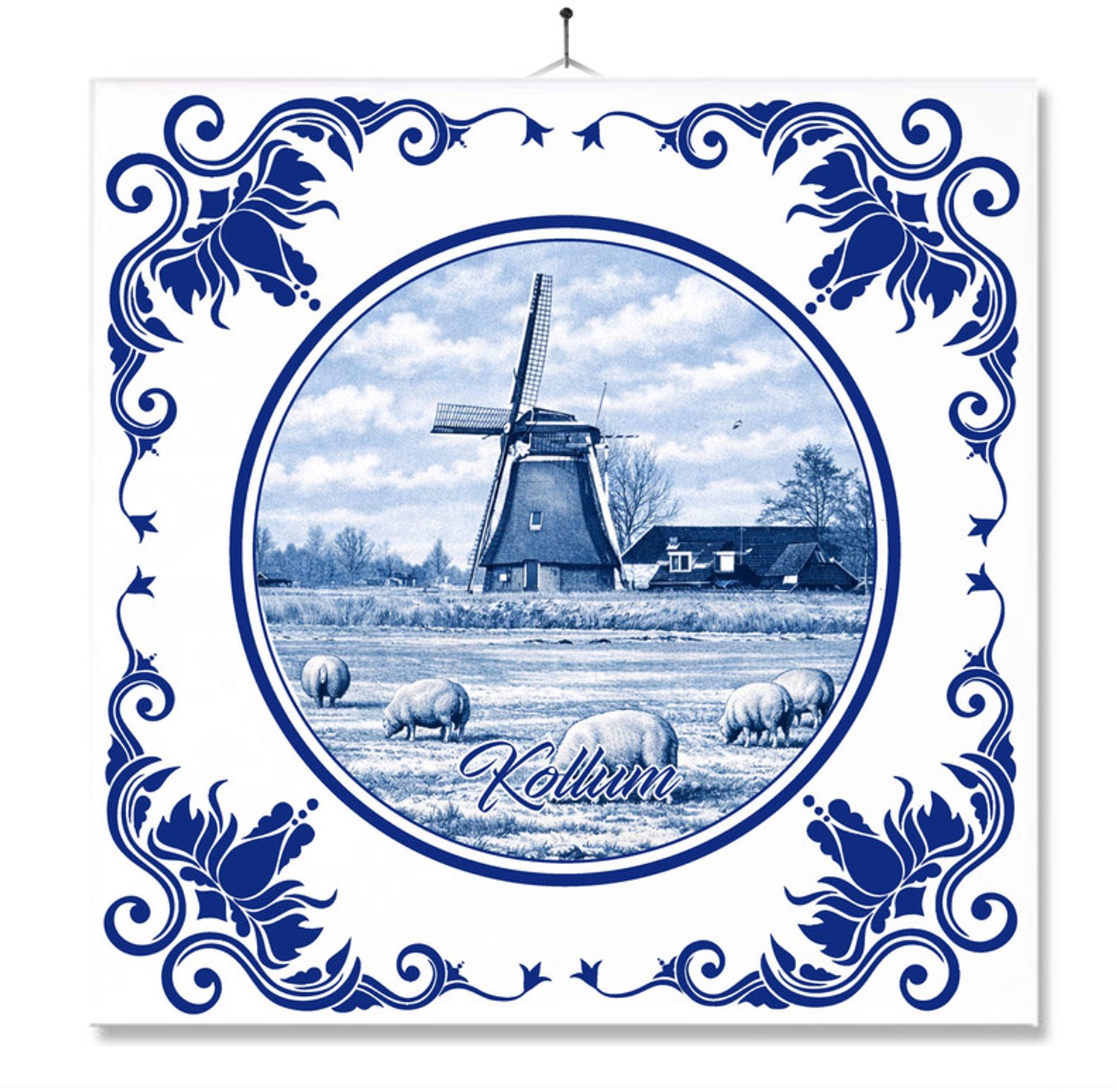 MC Living Tegel Met Opdruk | Kollum | Delft Blauw | Cadeau | Inclusief Geschenkdoos | Standaard | Ophangsysteem