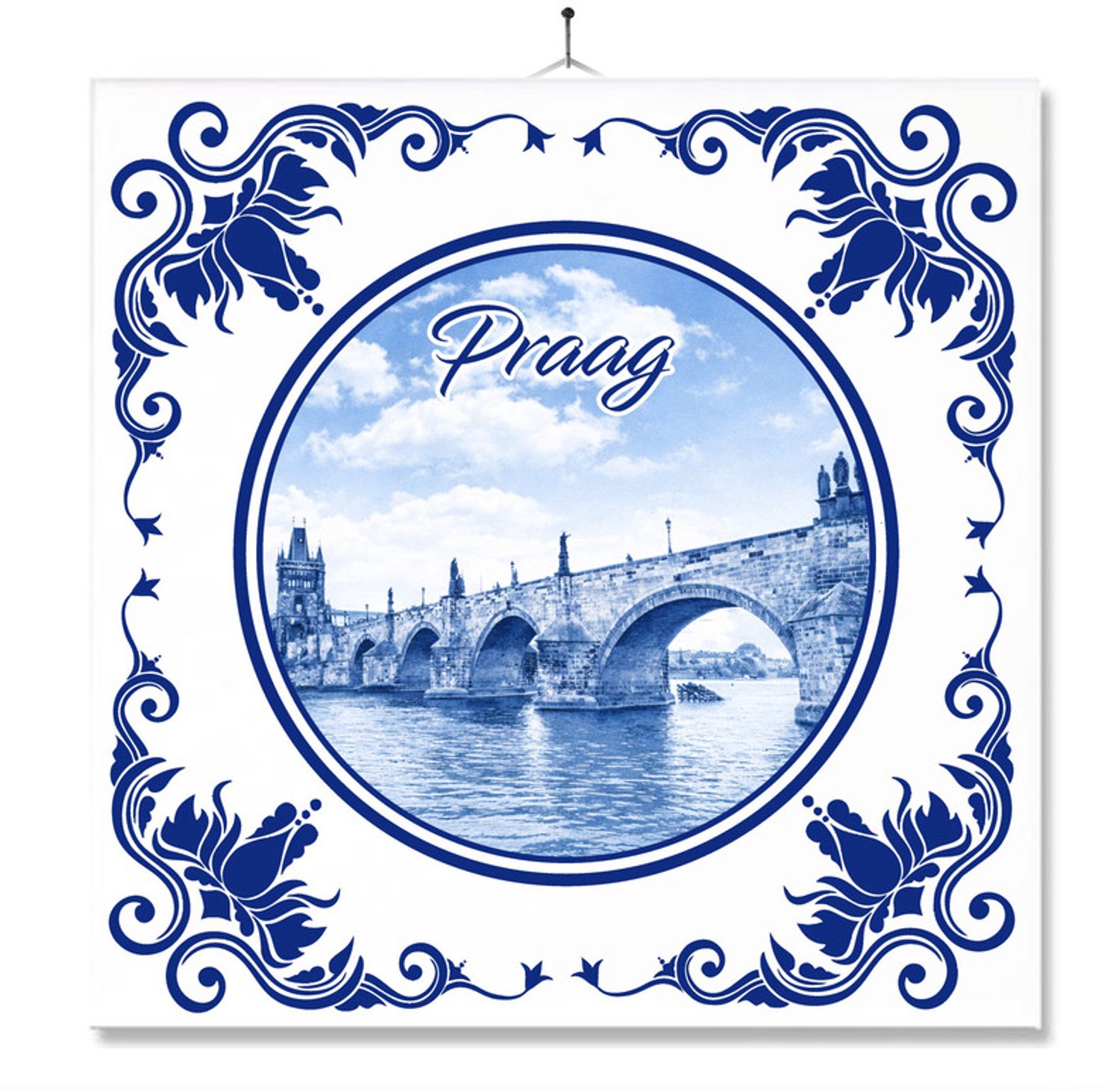 MC Living Tegel Met Opdruk | Praag | Delft Blauw | Cadeau | Inclusief Geschenkdoos | Standaard | Ophangsysteem