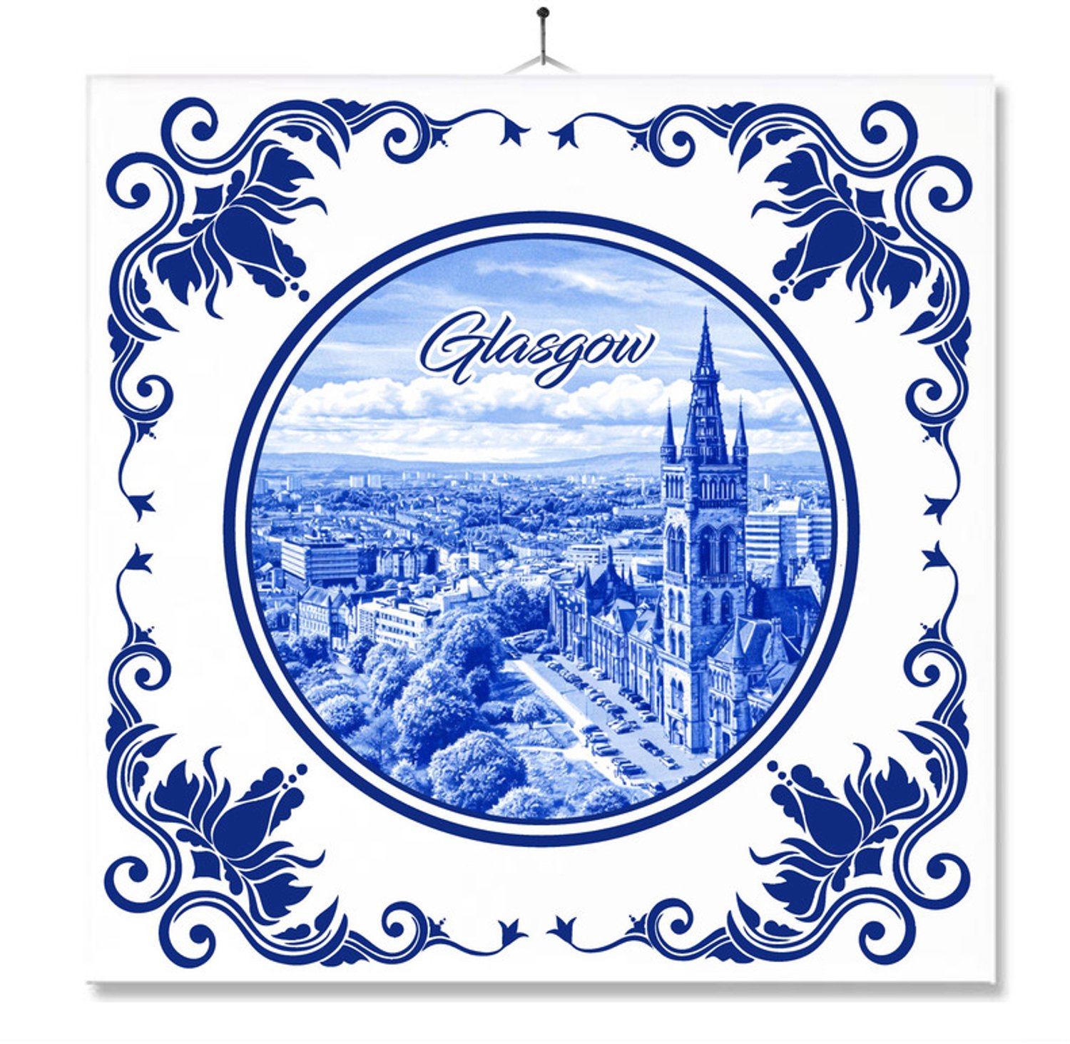 MC Living Tegel Met Opdruk | Glasgow | Delft Blauw | Cadeau | Inclusief Geschenkdoos | Standaard | Ophangsysteem Multi-Color