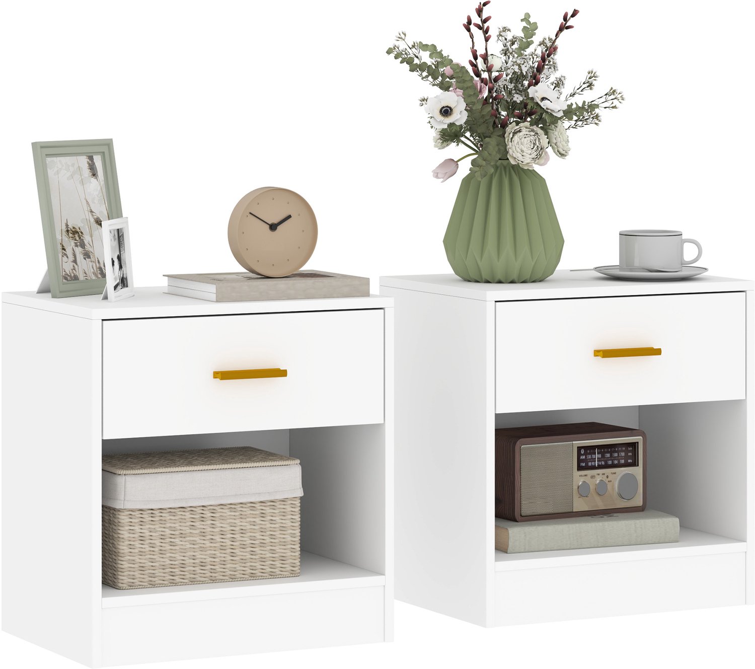 Lunpog Set van 2 Nachtkastjes, nachtkastje met 2 laden en open planken, gouden handgreep, moderne stijl, bankpunt voor slaapkamer, woonkamer, 39 x 28 x 41 cm, wit