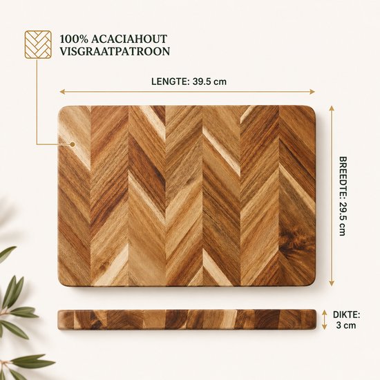 SINIA Living® - Snijplank Acacia - Duurzaam - 29.5 cm x 39.5 cm x 3 cm - Tapasplank - Visgraat - Acaciahout - Houten snijplank - Handgrepen - Handvaten - Hakblok - Extra dik - Snijplanken - Massief - Luxe - borrelplank - Kaasplank - Keuken — cadeau in Kookcadeaus - foto 7