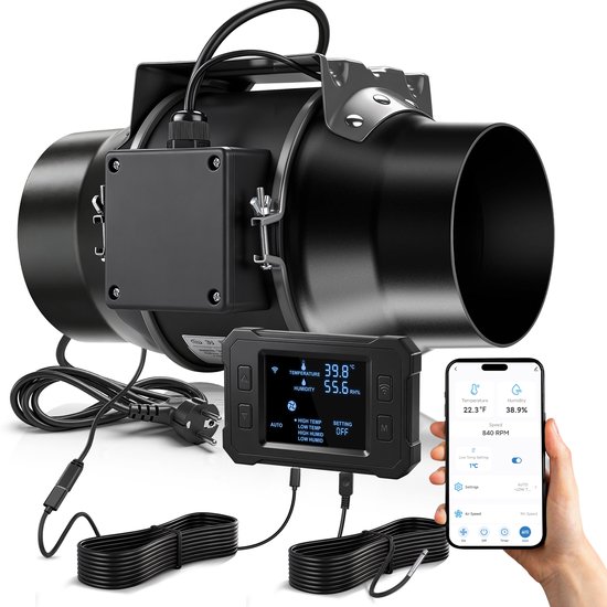 Zwarte buisventilator verbonden met een digitaal bedieningspaneel en een smartphone voor app-bediening.