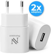 Set van twee witte Nuvance USB-A-adapters met EU-stekker en 5W-oplaadcapaciteit.
