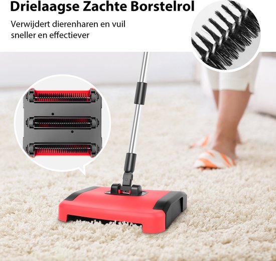 Handmatige tapijtveger rolveger zonder stroom, drielaagse zachte borstel, 180° draaibare kop, tapijtreiniger voor dierenhaar, vuil en kruimels — afbeelding 2