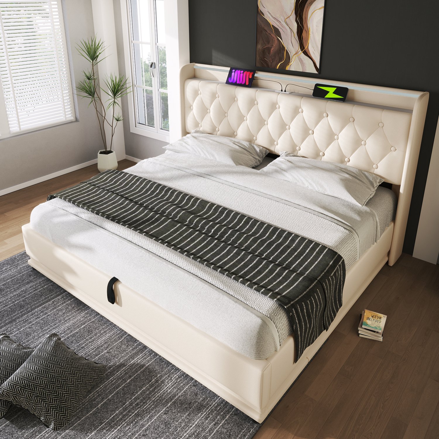 MUVANO Gestoffeerd tweepersoonsbed met ledverlichting - opbergbed met hydraulisch liftsysteem - PU - gecapitonneerd hoofdbord - 140 x 200 cm - wit
