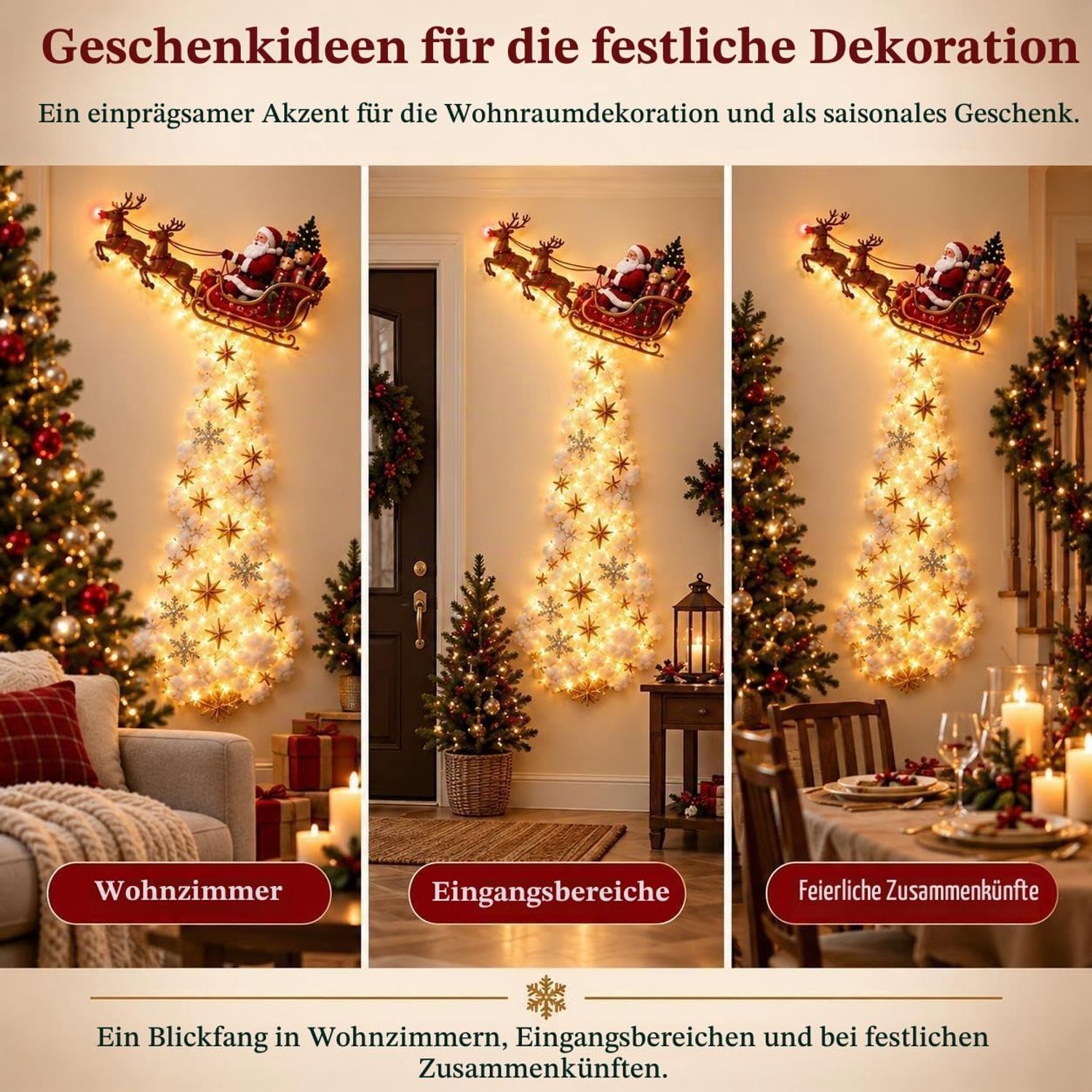 Kerst Magic Trail wandlamp, kerstman slee rendier hangende decoratie met warm witte led, 3D ster en sneeuwvlok, indoor vakantie decoratie voor woonkamer, feestelijk kerstcadeau 60cm – foto 5