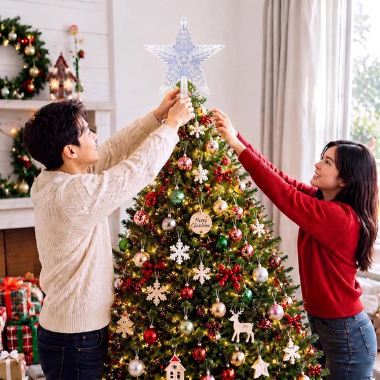Kerstster Als Piek Voor de Kerstboom, Gouden Kerstboom Piek in de Vorm Van Een Ster, Decoratie op Batterijen Voor Kerstbomen Binnenshuis.