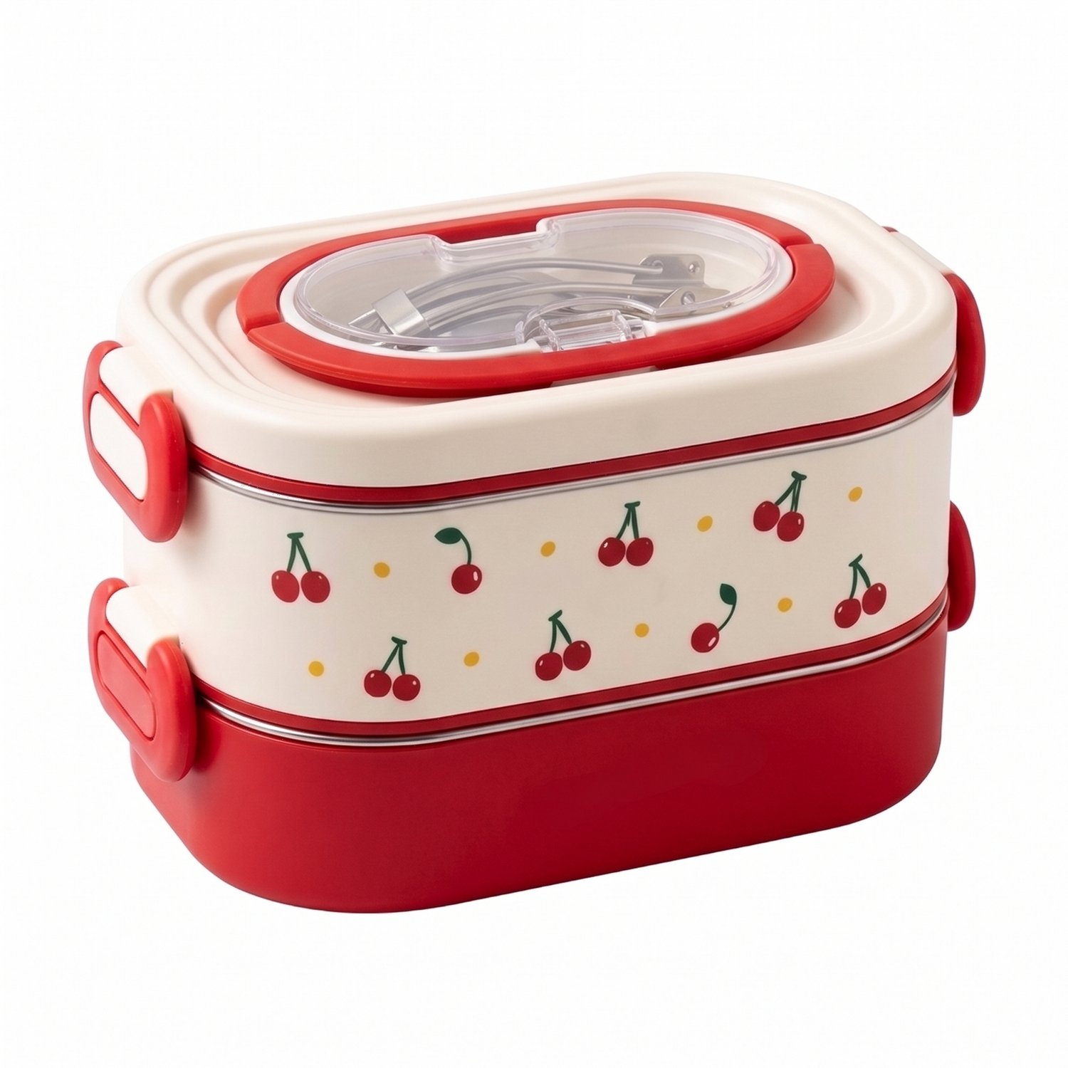 Lunchbox met Sausbak en Bestek - 1600ml Enkele Laag Broodtrommel voor Kinderen & Volwassenen - Lekvrije Bento Box met Kers Print - Geschikt voor School, Werk en Onderweg - BPA-Vrij Kunststof Eetbakje