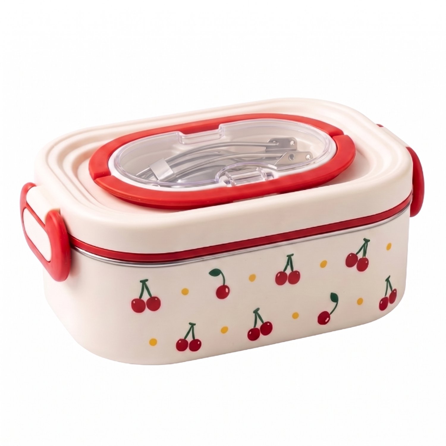 Lunchbox met Sausbak en Bestek - 800ml Enkele Laag Broodtrommel voor Kinderen & Volwassenen - Lekvrije Bento Box met Kers Print - Geschikt voor School, Werk en Onderweg - BPA-Vrij Kunststof Eetbakje