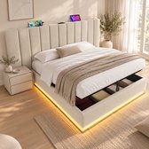 REDOM Luxe Zwevend Bed met Opbergruimte (160x200) - Hotel Chique Tweepersoonsbed met Extra Breed Hoofdbord & LED - Beige (Excl. Matras & Nachtkastjes)