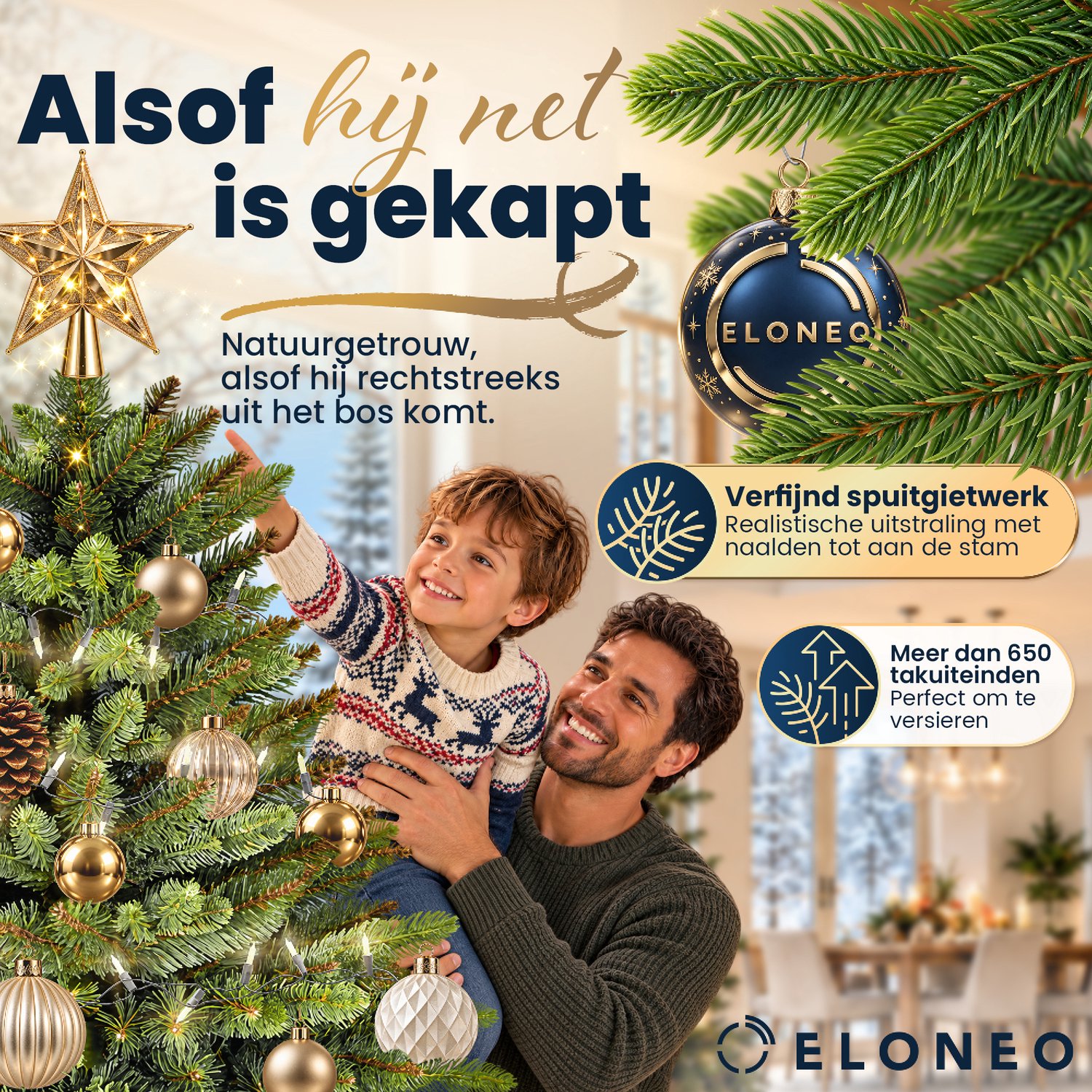ELONEO Kunstkerstboom 90 cm – Realistische kerstboom, kunstkerstboom met houten standaard, natuurgetrouwe kerstboom – foto 2