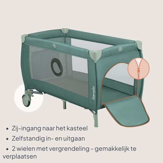 Groen Lionelo reisbedje met zij-ingang met ritssluiting en vergrendelbare wielen voor gemakkelijke verplaatsing.