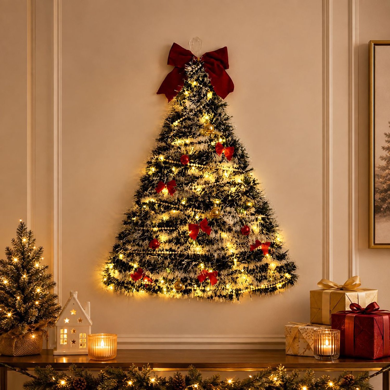Kerstboomversiering - 80 x 70 cm - DIY Kerstboomdecoratie voor aan de Muur - Met LED Lichtsnoer - Kerstballen, Strikken, Parels en Haken - Wandlamp - Kerstversiering - Feestelijke sfeer - Kerst Wanddecoratie - Kerstdecoratie voor Thuis - TENGYIF®