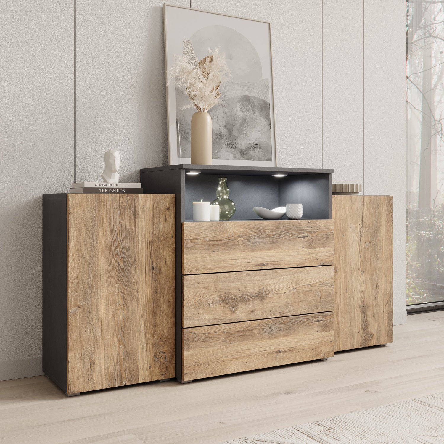 MEUBELLA Universal - Dressoir met LED - Eiken/Grijs - 150x39x81 cm Bruin|Grijs