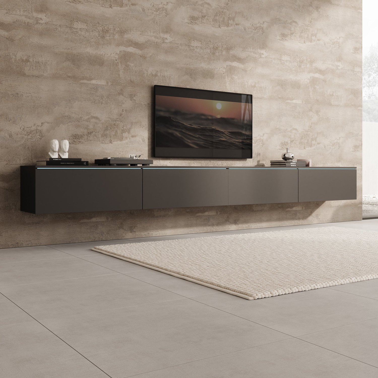 MEUBELLA Verity - TV-Meubel met LED - Zwart - 300x33x32 cm