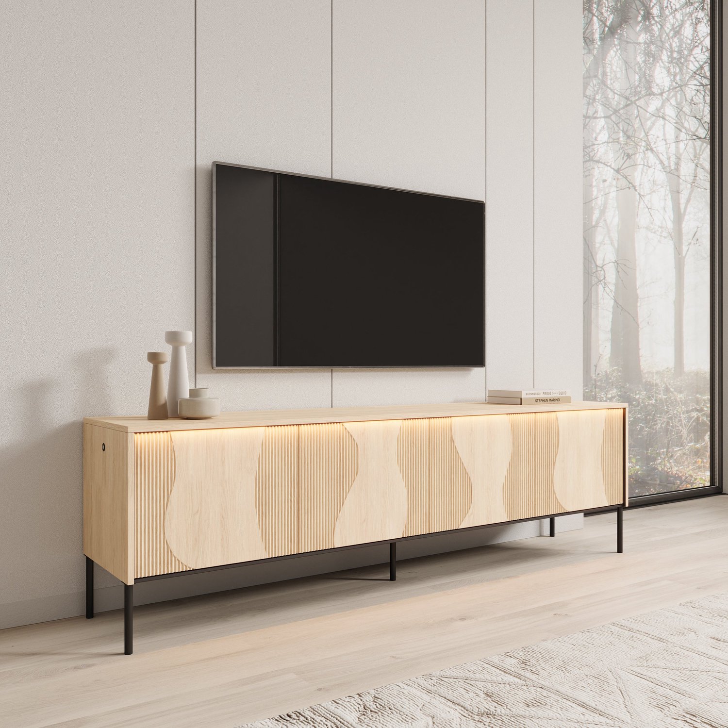 MEUBELLA Fontello - TV-meubel met LED - Eikenpatroon - 193x40x57 cm Bruin