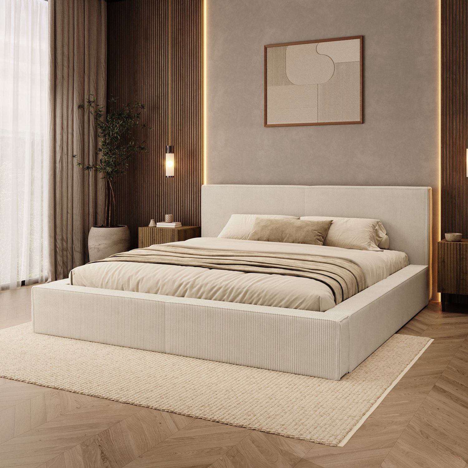 MEUBELLA Vara - Tweepersoonsbed - Ribstof beige - 180x200 cm