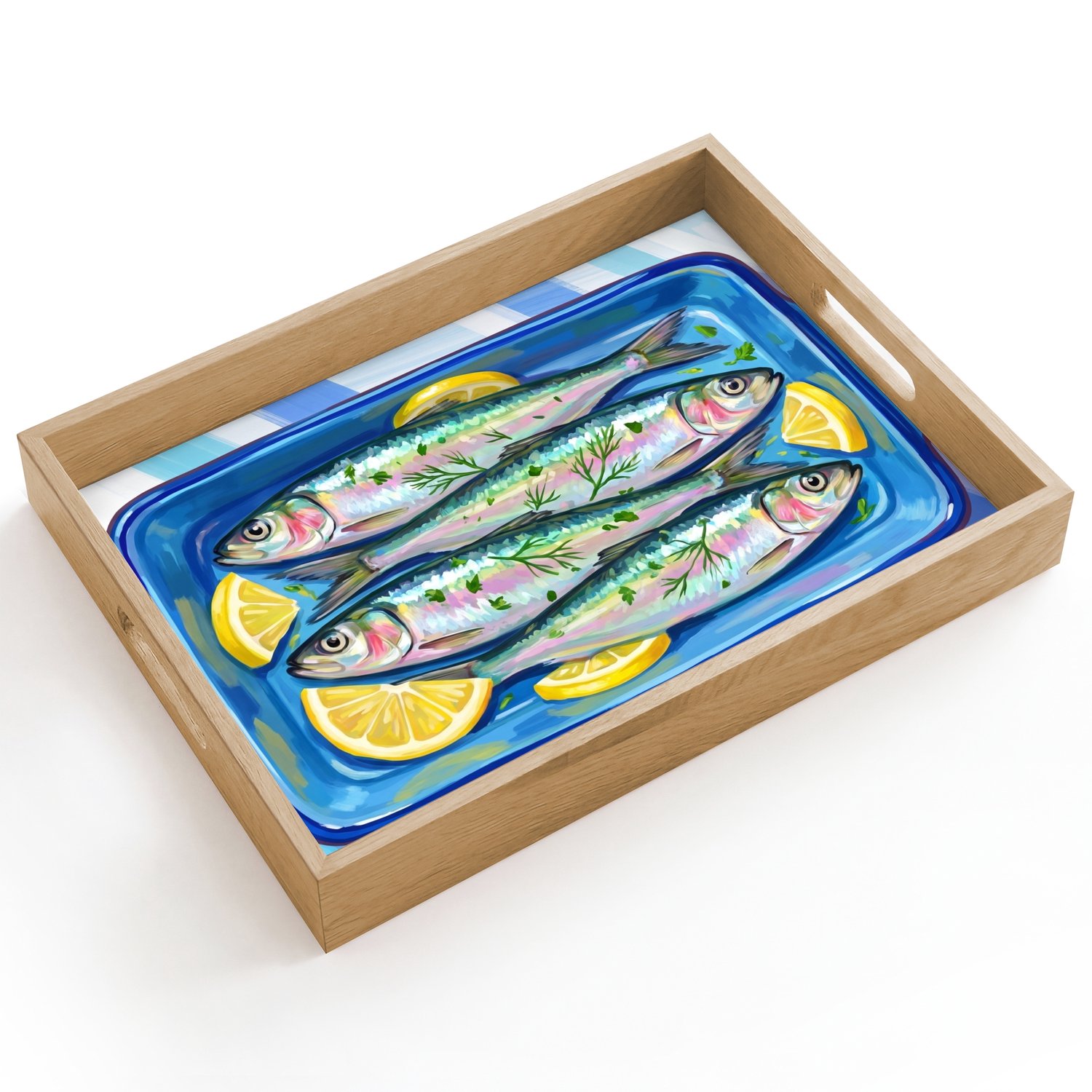 Dienblad hout 40x30 cm - Schootdienblad - Vis - Citroen - Kruiden - Eten - Blauw - Borrelplank rechthoek - Plateau dienbladen