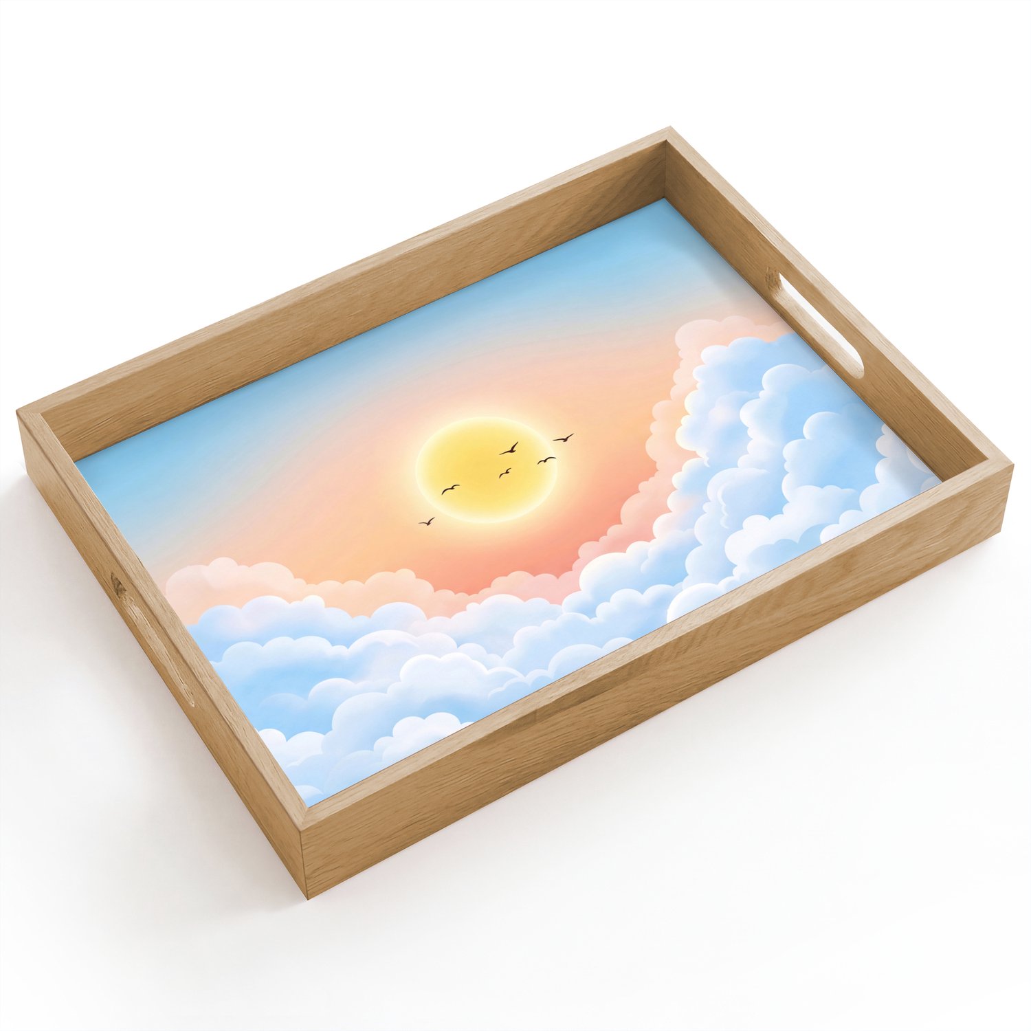 Dienblad hout 40x30 cm - Schootdienblad - Zon - Vogels - Lucht - Natuur - Geel - Borrelplank rechthoek - Plateau dienbladen