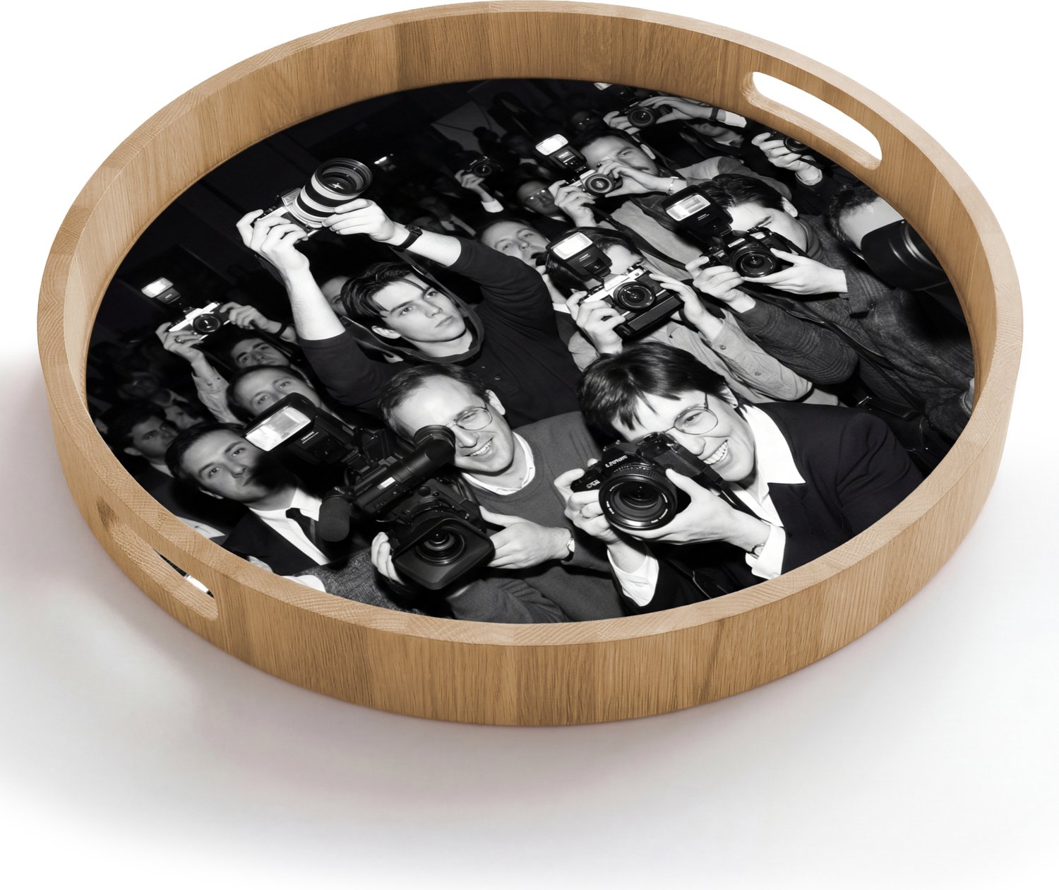 Dienblad rond 50x50 cm - Schootdienblad hout - Fotografen - Menigte - Flitsers - Journalistiek - Borrelplank rechthoek - Plateau houten dienbladen
