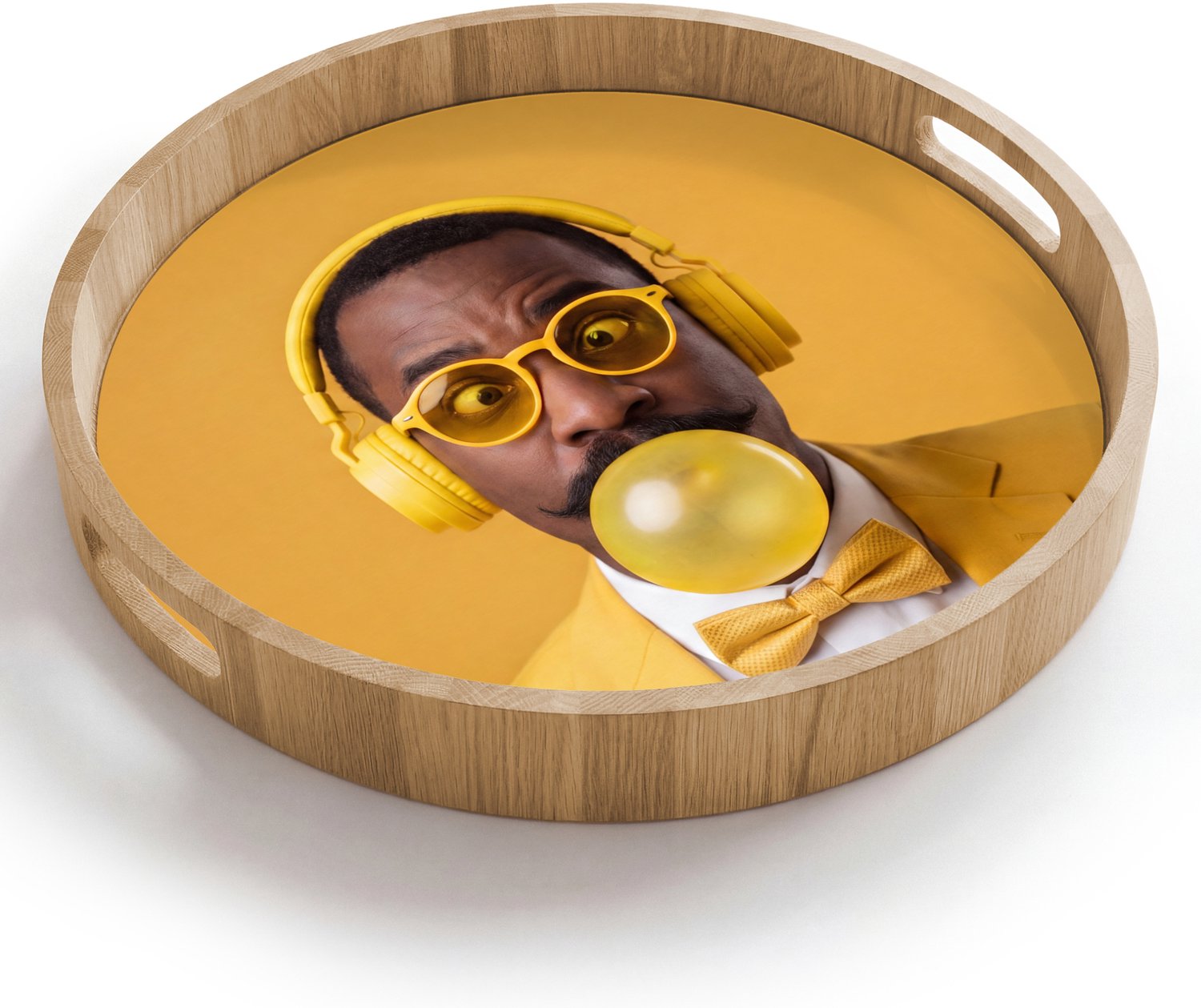 Dienblad rond 40x40 cm - Schootdienblad hout - Man - Bubblegum - Portret - Geel - Modern - Borrelplank rechthoek - Plateau houten dienbladen