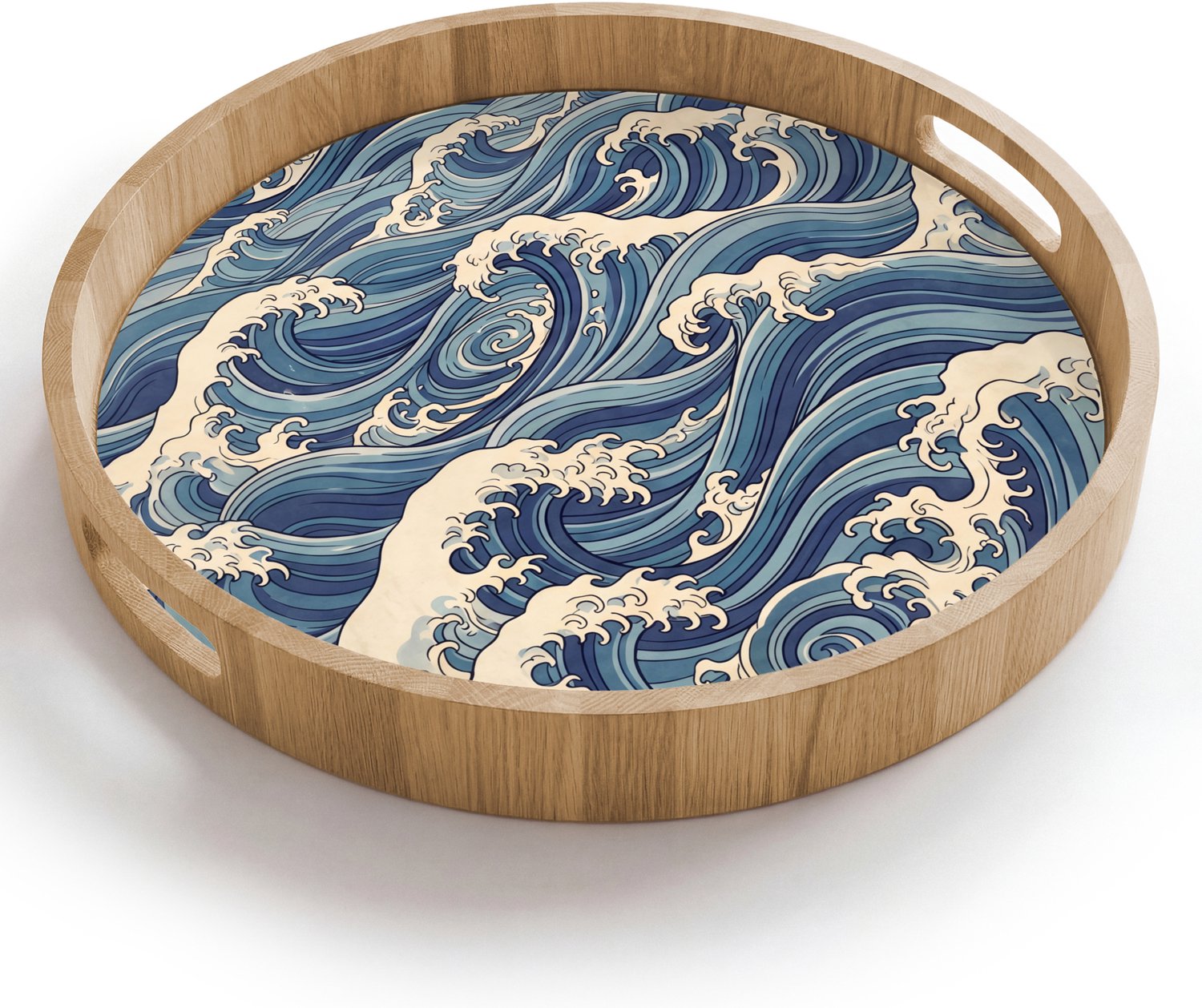 Dienblad rond 40x40 cm - Schootdienblad hout - Golven - Zee - Natuur - Abstract - Blauw - Borrelplank rechthoek - Plateau houten dienbladen