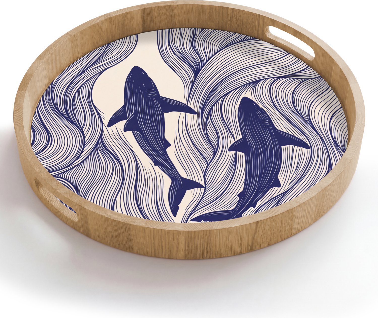 Dienblad rond 50x50 cm - Schootdienblad hout - Vis - Oceaan - Lijntekening - Blauw - Dieren - Borrelplank rechthoek - Plateau houten dienbladen