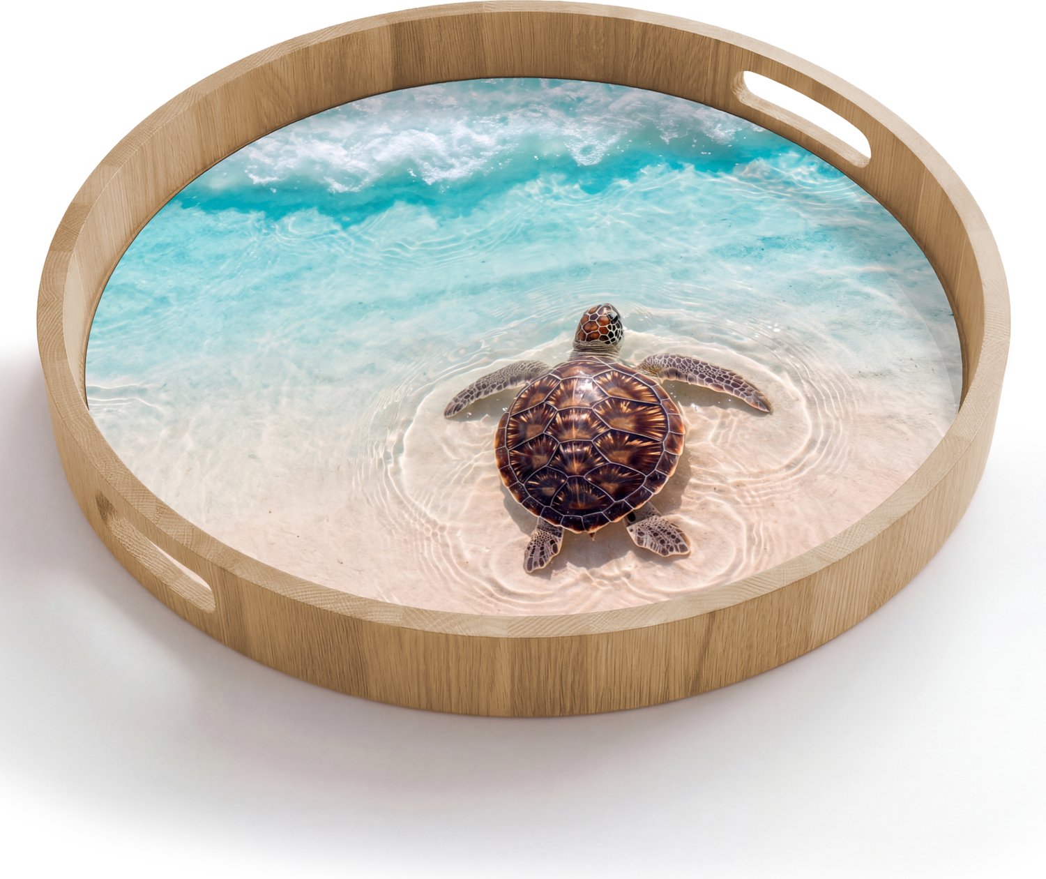 Dienblad rond 50x50 cm - Schootdienblad hout - Schildpad - Helder water - Strand - Dieren - Natuur - Borrelplank rechthoek - Plateau houten dienbladen