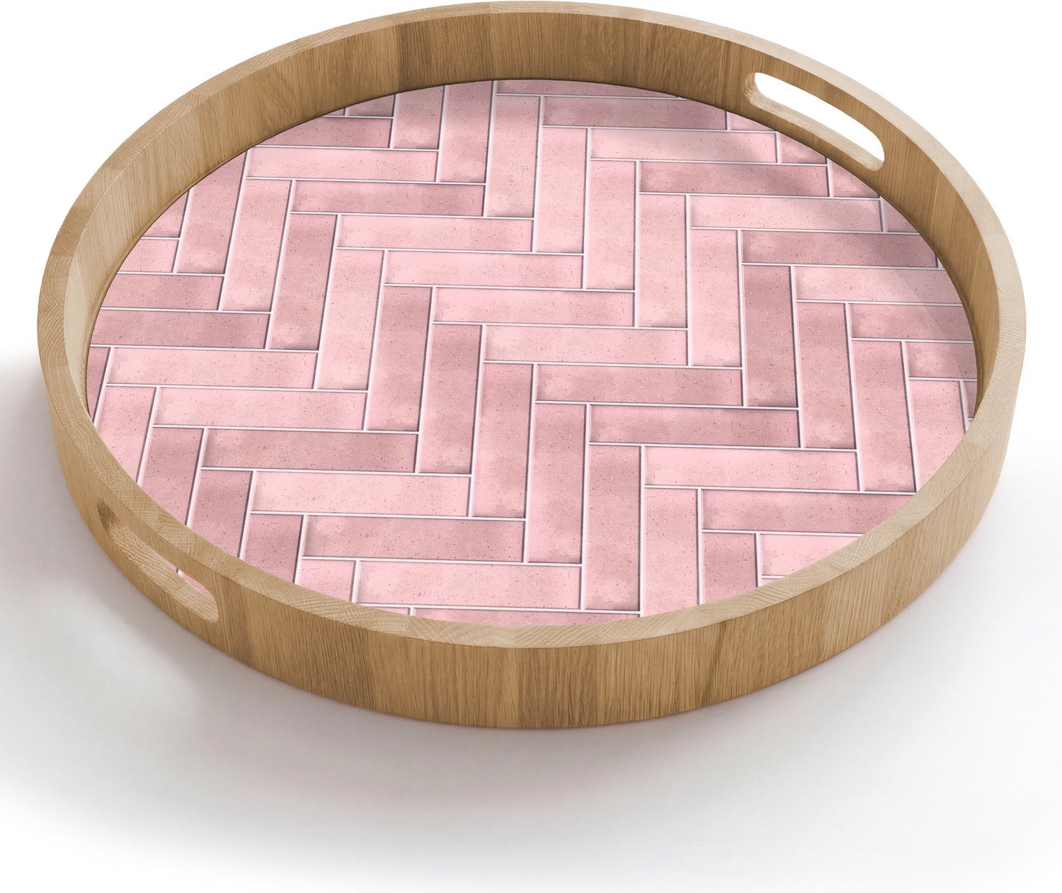 Dienblad rond 50x50 cm - Schootdienblad hout - Visgraat - Wandtegel - Lichtroze - Borrelplank rechthoek - Plateau houten dienbladen