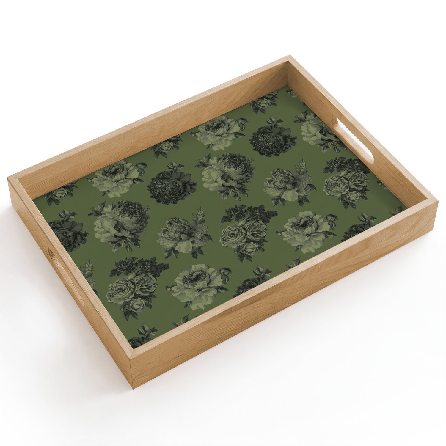 Dienblad hout 40x30 cm - Schootdienblad - Klassiek - botanisch - Olijfgroen - Bloemen - Borrelplank rechthoek - Plateau dienbladen