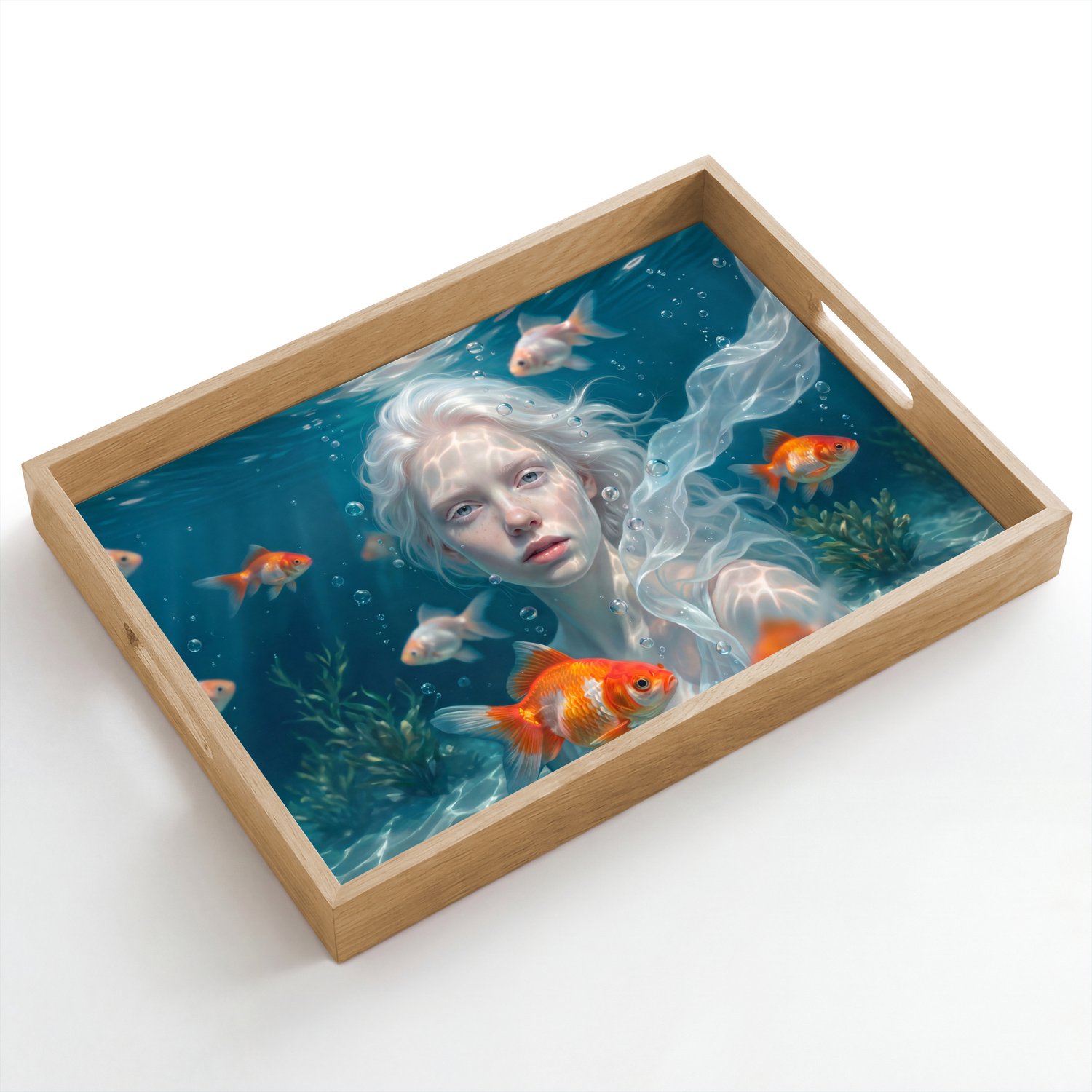 Dienblad hout 50x35 cm - Schootdienblad - Mens - Onderwater - Vis - Modern - Blauw - Borrelplank rechthoek - Plateau dienbladen