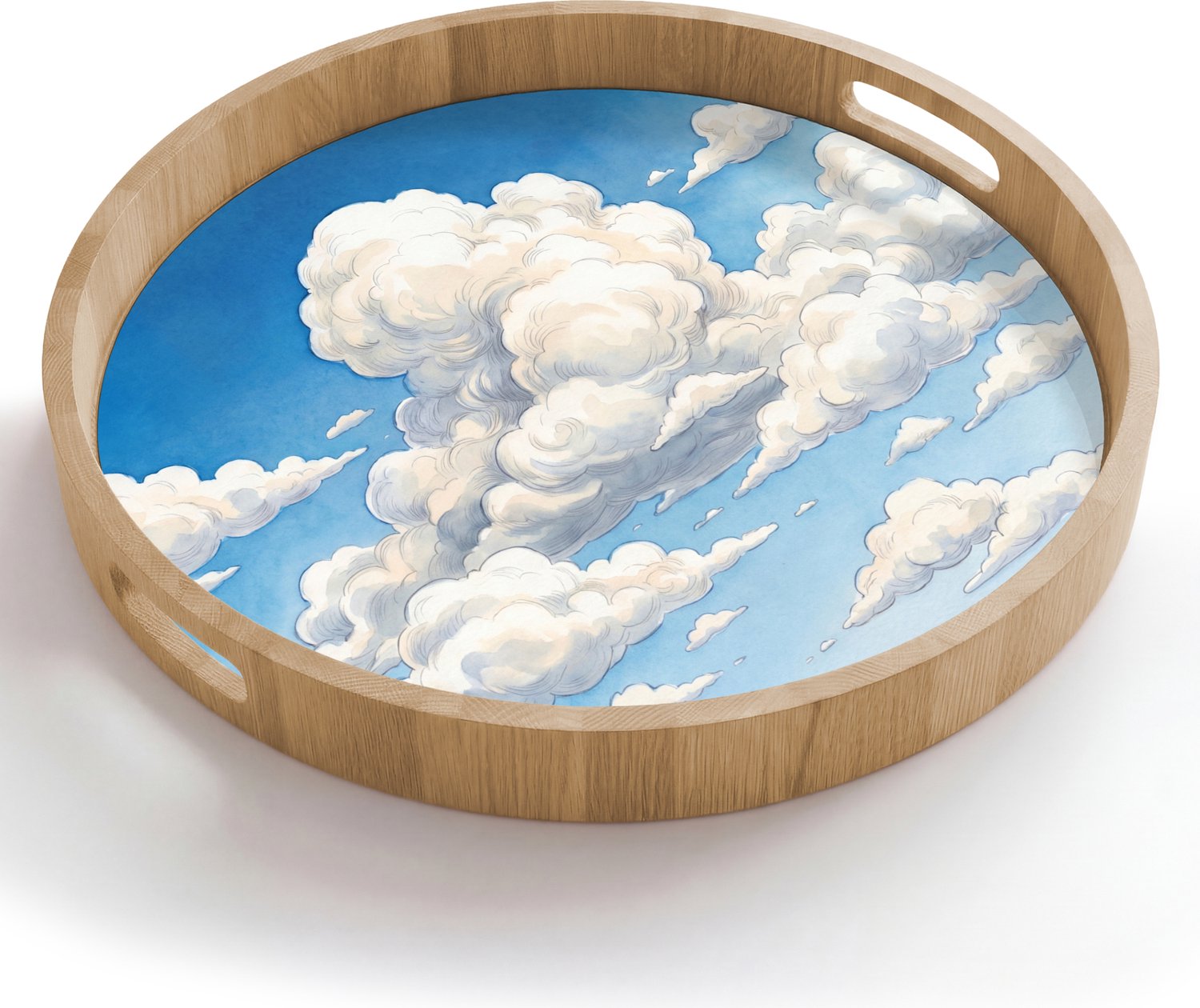 Dienblad rond 50x50 cm - Schootdienblad hout - Wolken - Blauwe lucht - Natuur - Modern - Wit - Borrelplank rechthoek - Plateau houten dienbladen