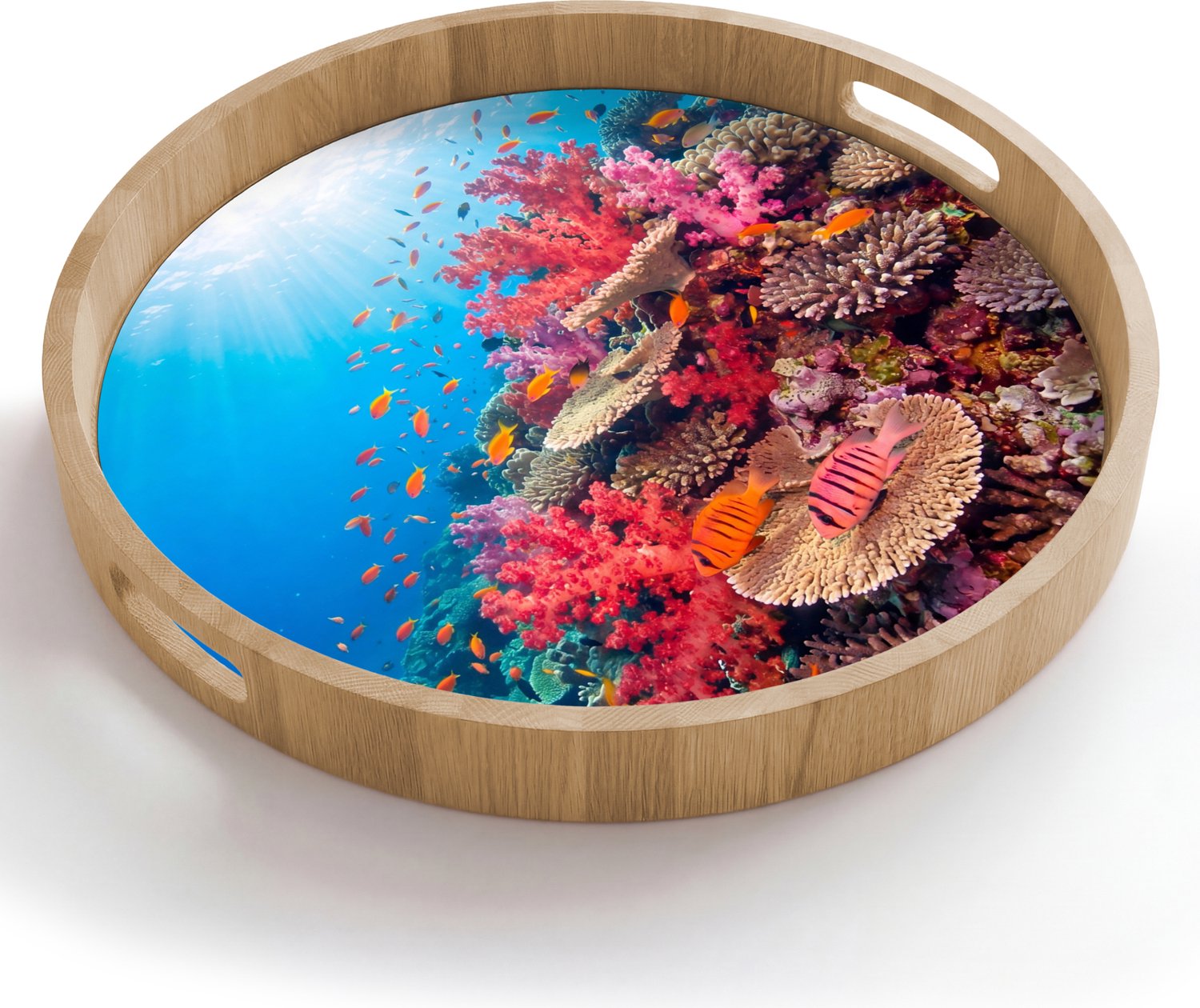 Dienblad rond 50x50 cm - Schootdienblad hout - Koraalrif - Vissen - Onderwater - Tropisch - Rood - Borrelplank rechthoek - Plateau houten dienbladen