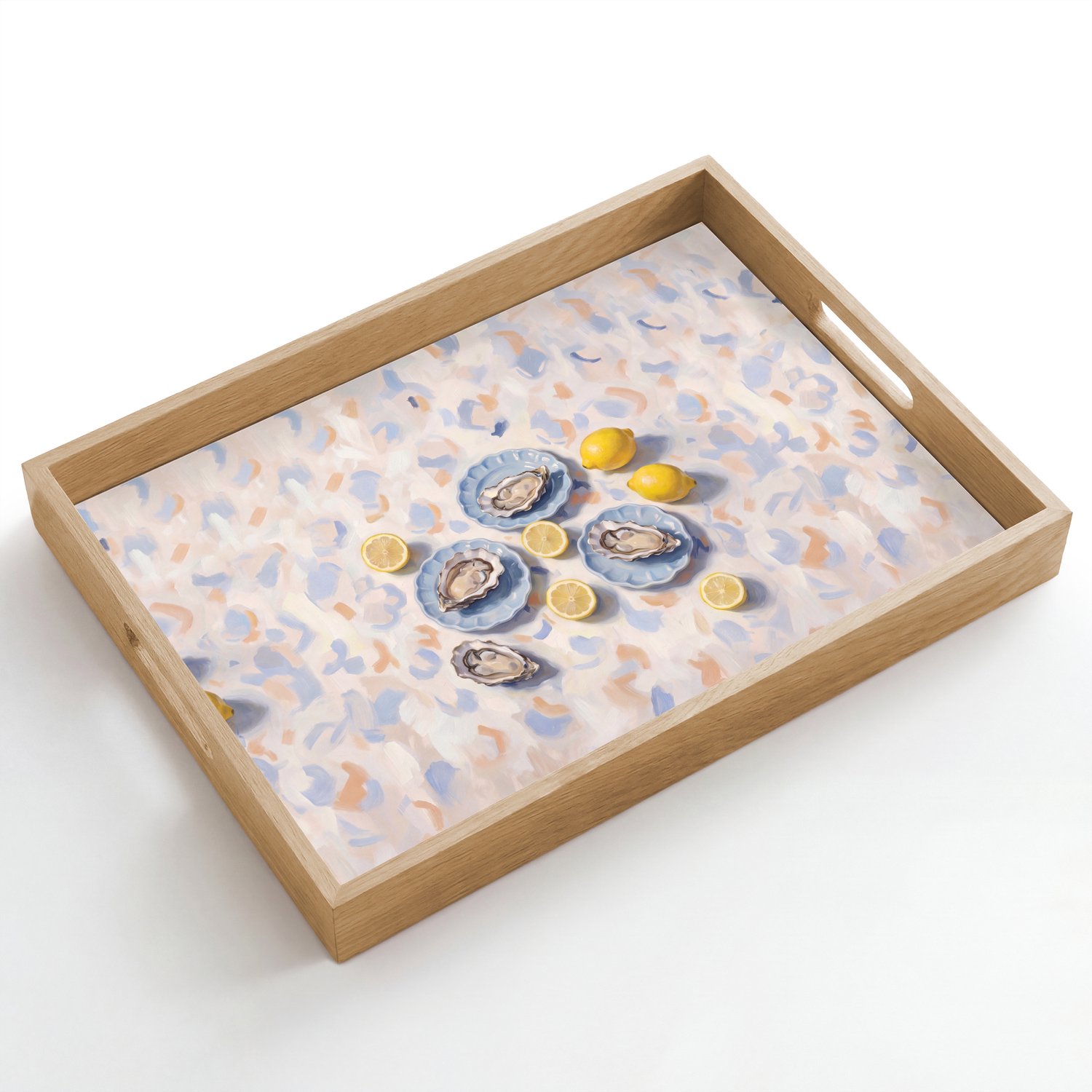 Dienblad hout 50x35 cm - Schootdienblad - Eten - Oesters - Citroenen - Modern - Geel - Borrelplank rechthoek - Plateau dienbladen