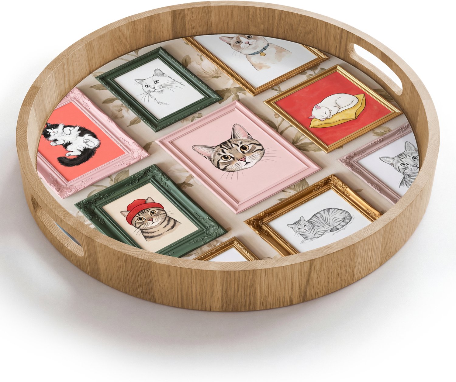 Dienblad rond 40x40 cm - Schootdienblad hout - Kat - Portret - Dieren - Illustratie - Lijst - Borrelplank rechthoek - Plateau houten dienbladen