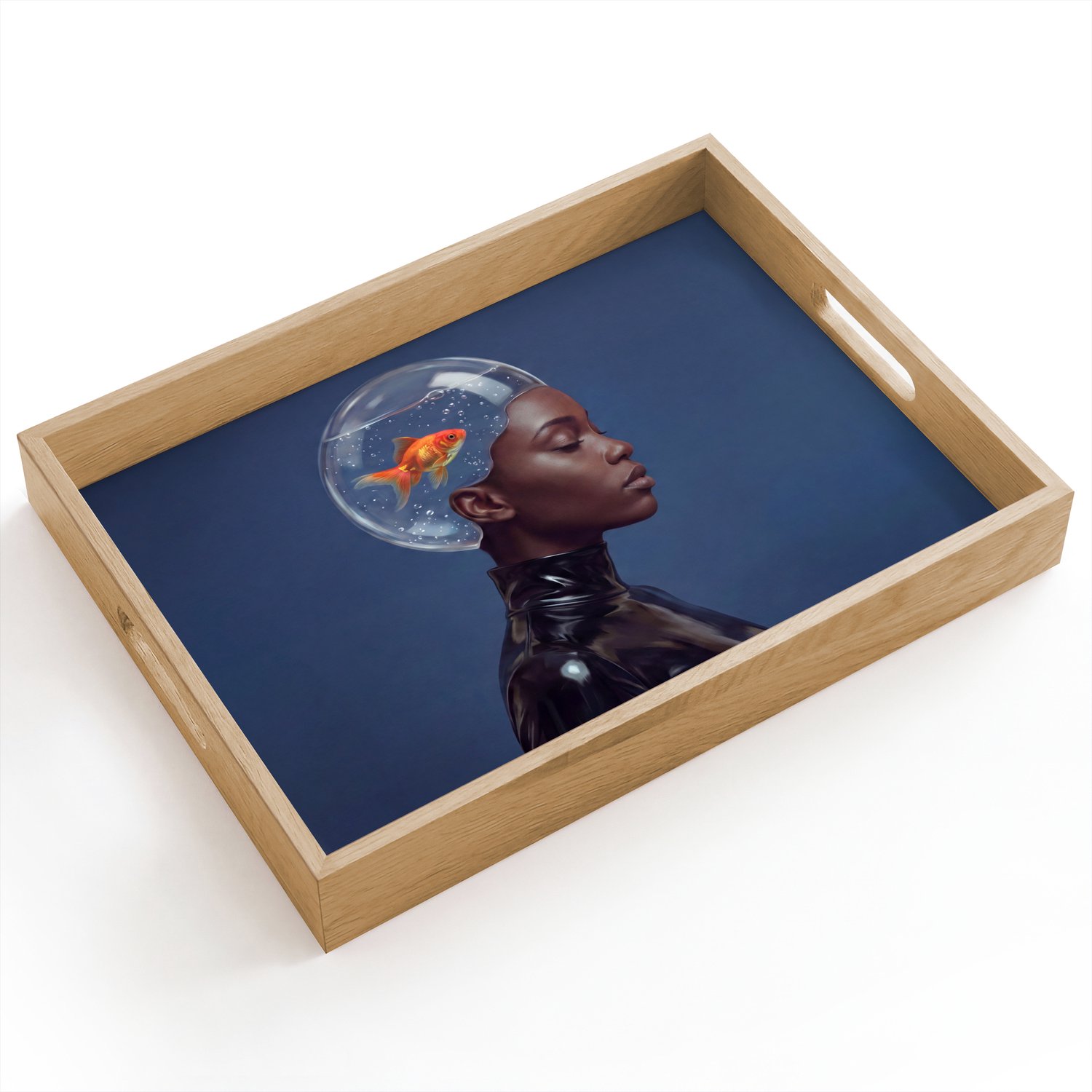 Dienblad hout 40x30 cm - Schootdienblad - Vrouw - Goudvis - Hoofd - Abstract - Blauw - Borrelplank rechthoek - Plateau dienbladen