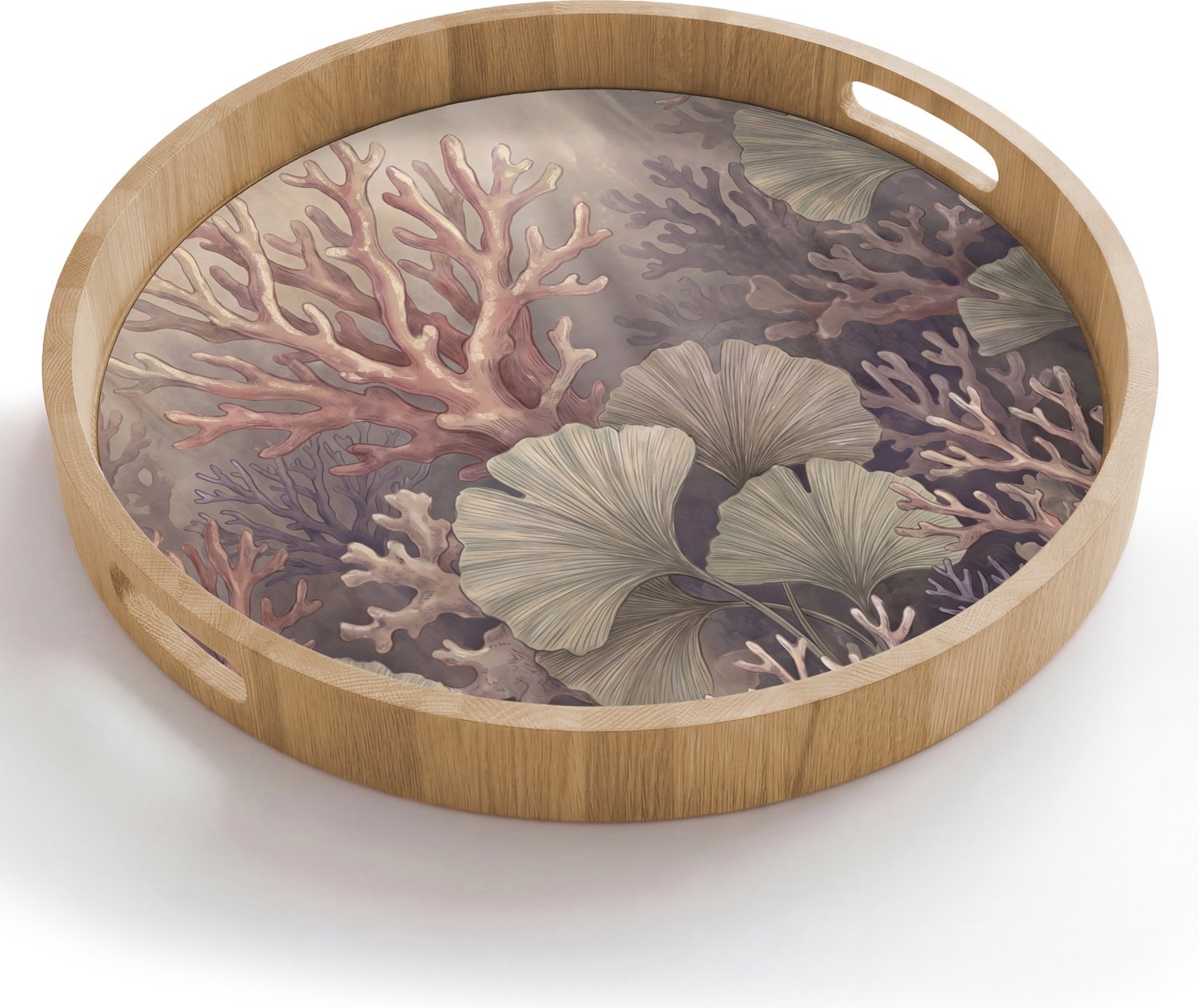 Dienblad rond 50x50 cm - Schootdienblad hout - Plant - Bladeren - Zee - Illustratie - Groen - Borrelplank rechthoek - Plateau houten dienbladen