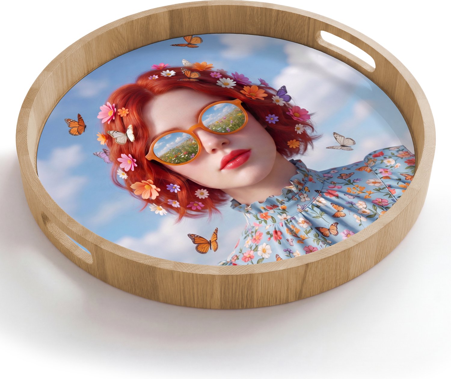 Dienblad rond 50x50 cm - Schootdienblad hout - Vrouw - Bloemen - Zomer - Portret - Kleurrijk - Borrelplank rechthoek - Plateau houten dienbladen