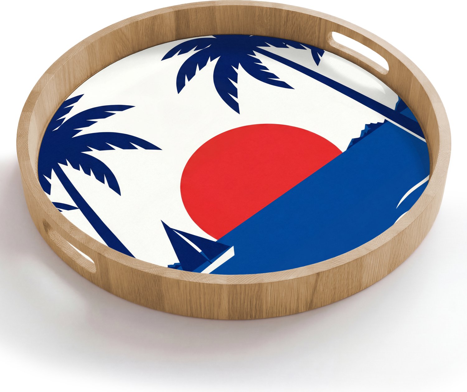 Dienblad rond 50x50 cm - Schootdienblad hout - Zonsondergang - Zee - Palmboom - Tropisch - Modern - Borrelplank rechthoek - Plateau houten dienbladen