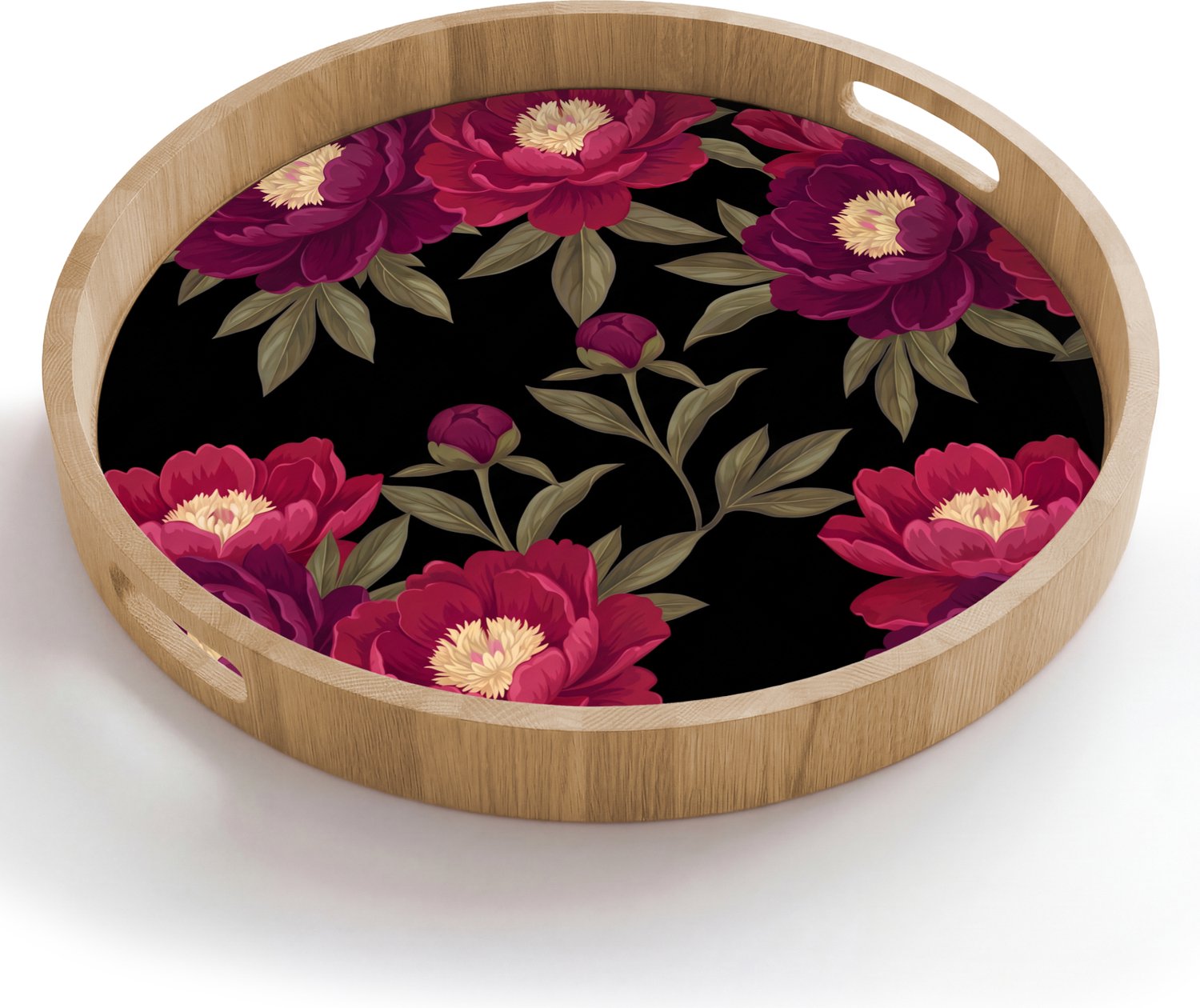Dienblad rond 50x50 cm - Schootdienblad hout - Bloemen - Patroon - Botanisch - Rood - Zwart - Borrelplank rechthoek - Plateau houten dienbladen