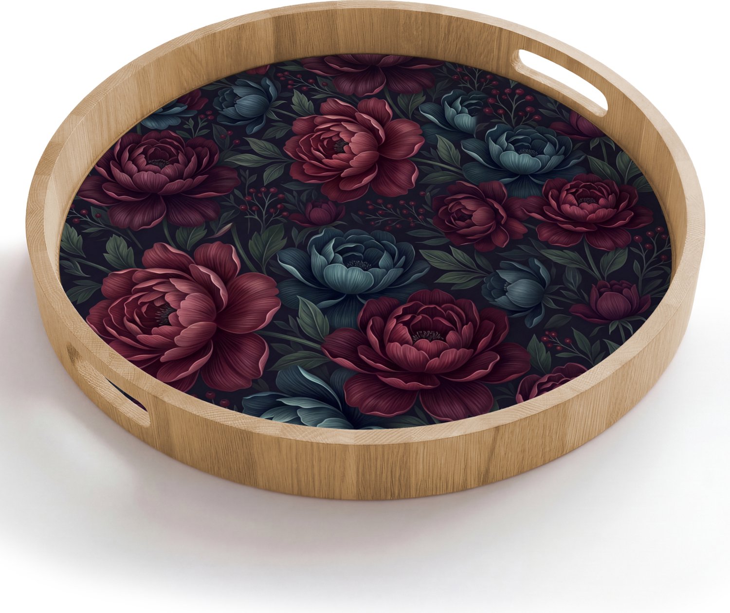 Dienblad rond 50x50 cm - Schootdienblad hout - Bloemen - Patroon - Natuur - Klassiek - Donker - Borrelplank rechthoek - Plateau houten dienbladen