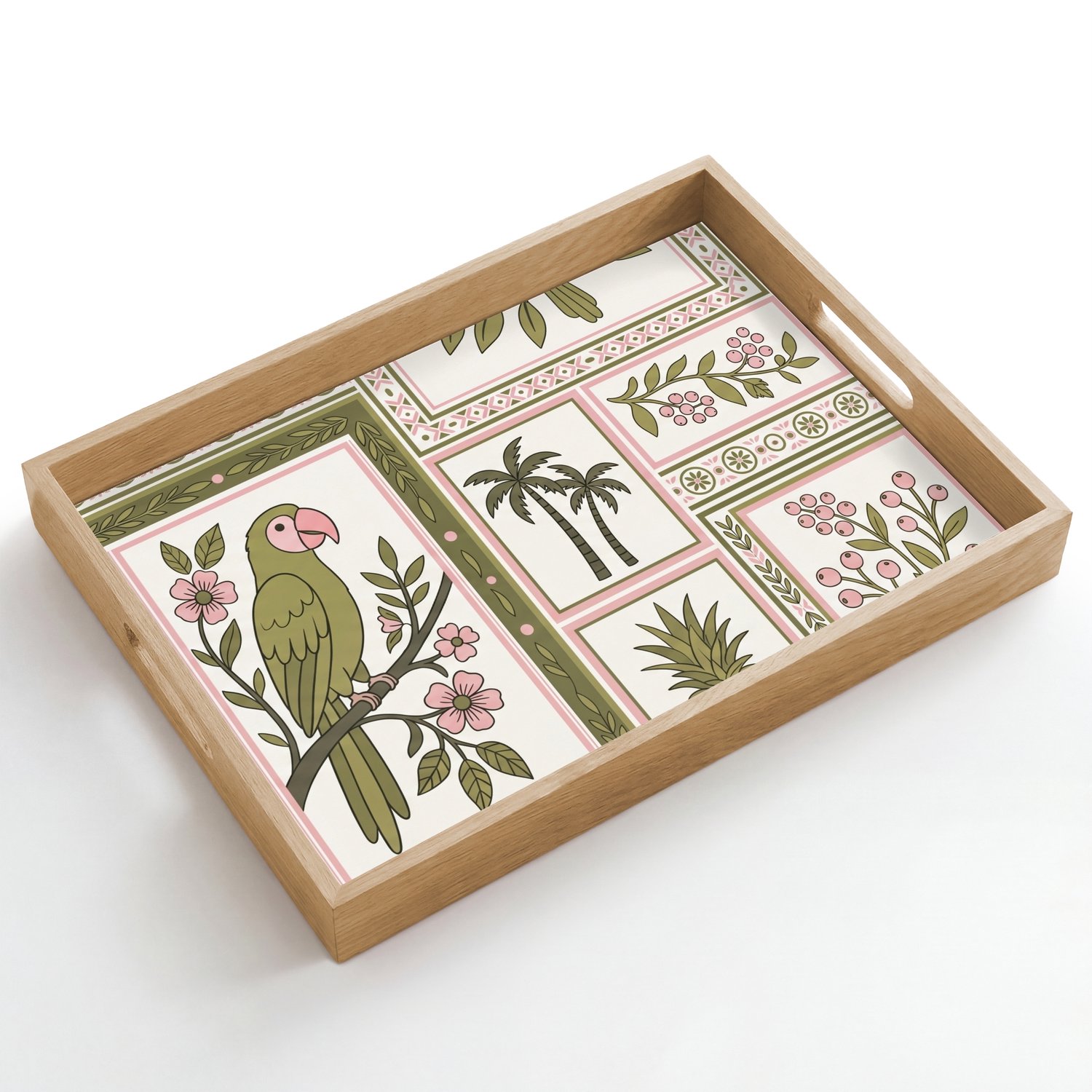 Dienblad hout 50x35 cm - Schootdienblad - Vogel - Tropisch - Patroon - Decoratief - Groen - Borrelplank rechthoek - Plateau dienbladen