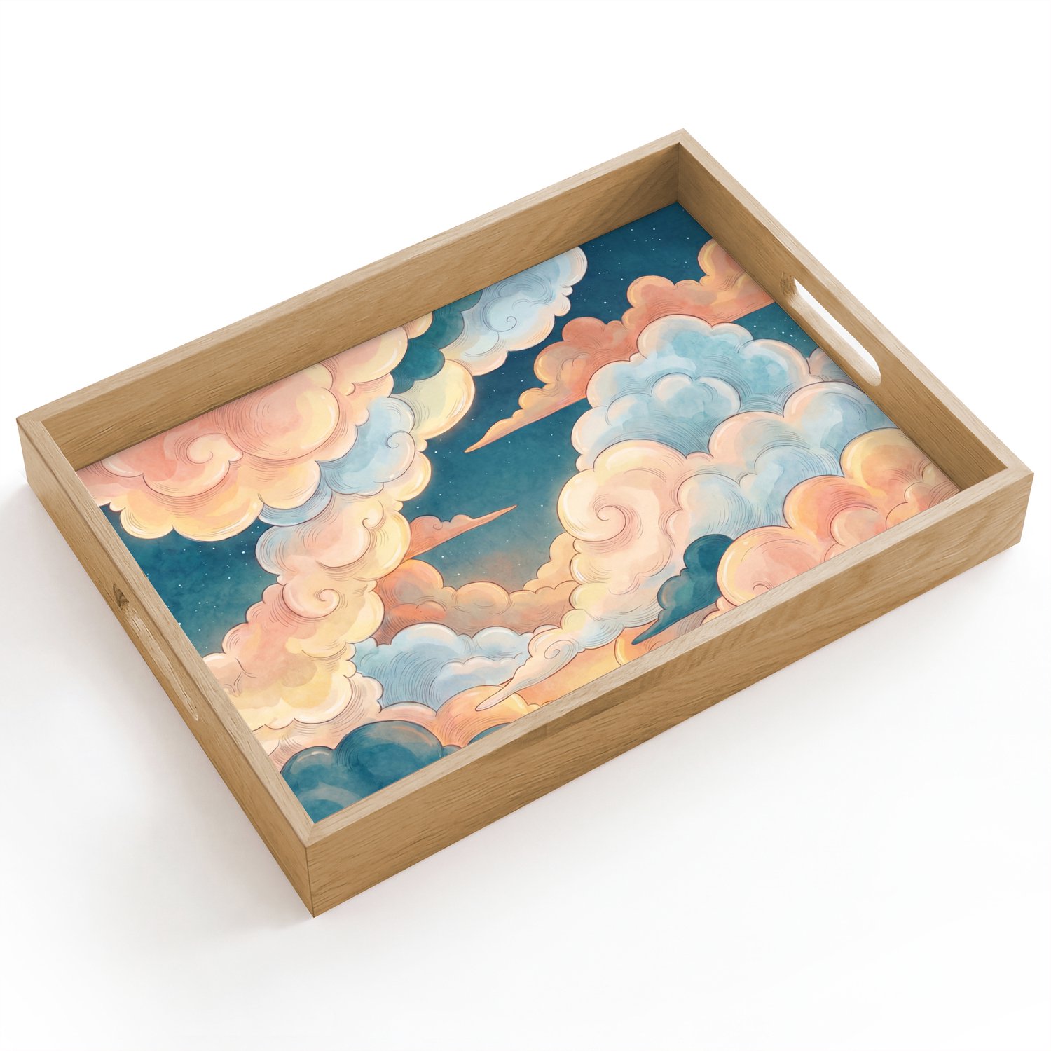 Dienblad hout 40x30 cm - Schootdienblad - Wolk - Lucht - Natuur - Illustratief - Oranje - Borrelplank rechthoek - Plateau dienbladen
