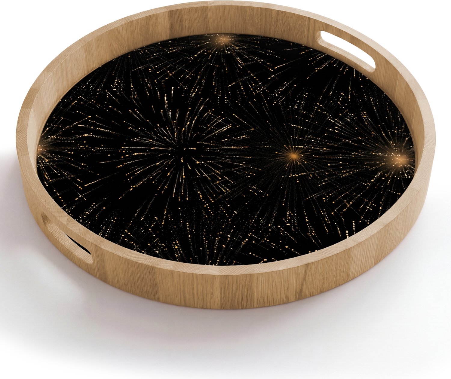 Dienblad rond 50x50 cm - Schootdienblad hout - Vuurwerk - Patroon - Feestelijk - Goud - Zwart - Borrelplank rechthoek - Plateau houten dienbladen