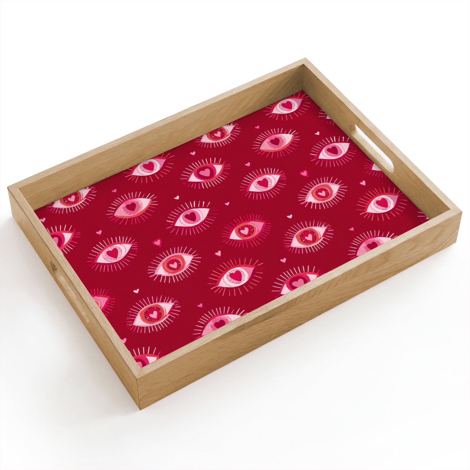 Dienblad hout 40x30 cm - Schootdienblad - Ogen - Patroon - Roze - Donkerrood - Borrelplank rechthoek - Plateau dienbladen