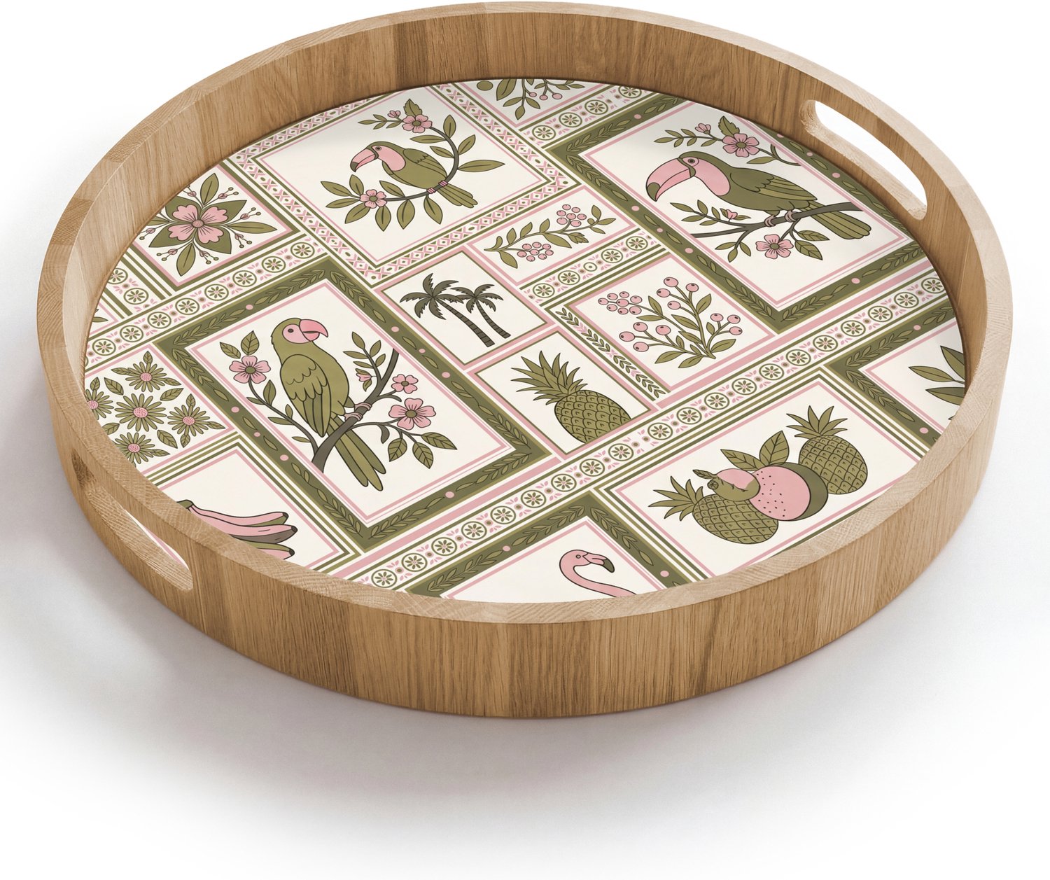 Dienblad rond 40x40 cm - Schootdienblad hout - Vogel - Tropisch - Patroon - Decoratief - Groen - Borrelplank rechthoek - Plateau houten dienbladen